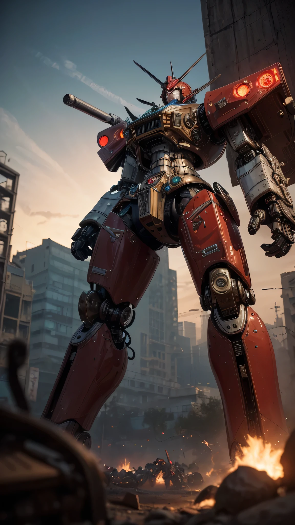 ((best quality: 1.5, masterpiece)), intricate details, soft focus, professional, real life, realistic representation of the face, dim volumetric lighting, dynamic pose, in the style of realistic and hyper detailed renderings BREAK (((2 characters, one cyberpunk steampunk girl, clockwork armor, seafoam perfectchainmail chrome armor:1.4, (background red white mecha, mechanical robot, weapons, Warhammer Dreadnaught, from below)))), film grain, bokeh, black background, dark empty room, photorealistic, hyper-realistic, 8K