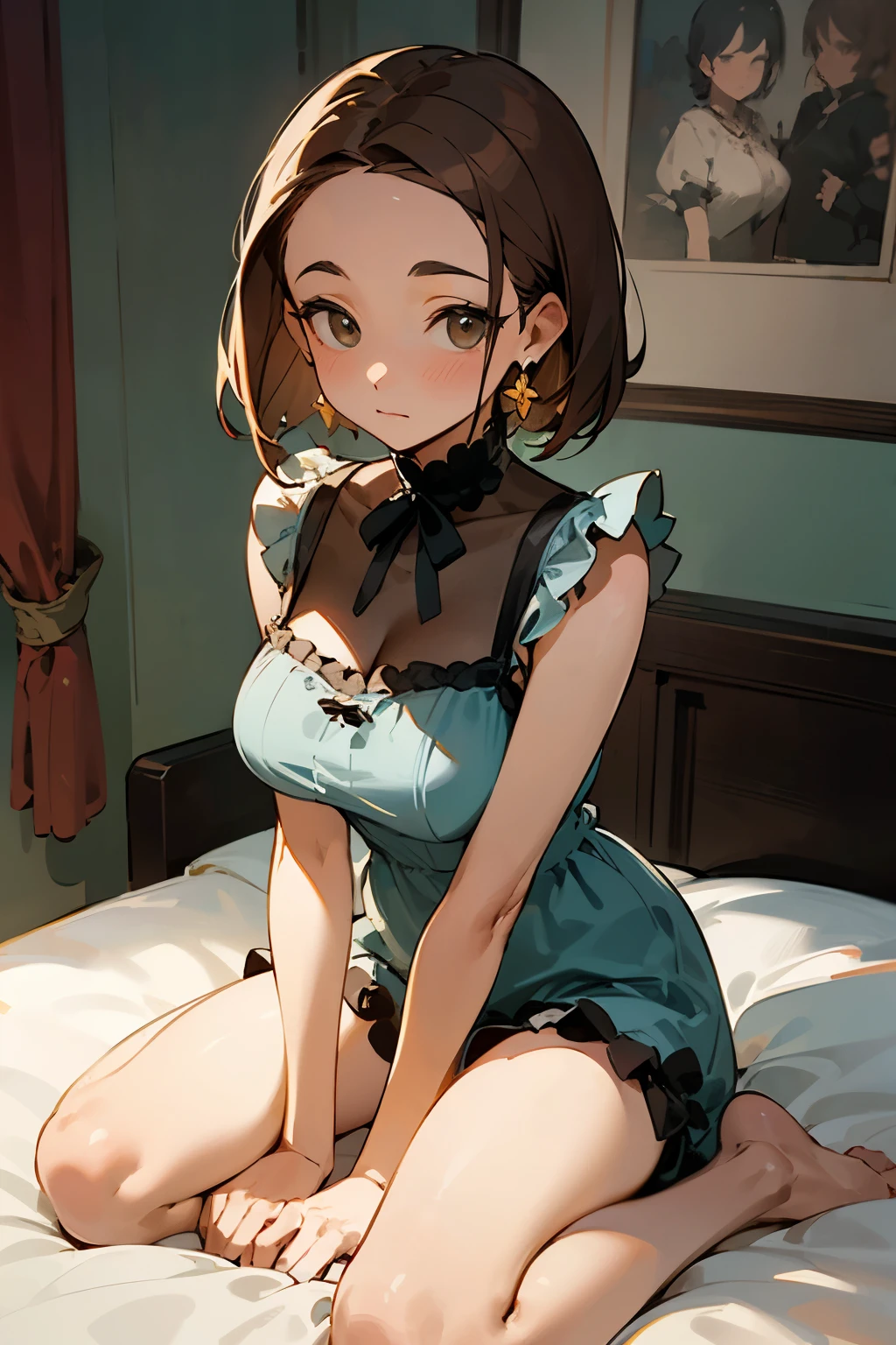 (wearing black Frilly doll and matching shorts), large breasts,
(shy, bushful:1.3), looking at viewer,
(masterpiece, best quality, detailed:1.3), light watercolor,
a girl, bob, center part, forehead, brown hair, Earrings,
BREAK (indoor, bed room),