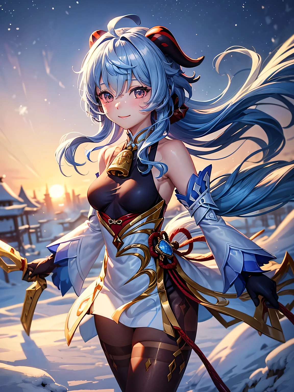 [ganyudef]:1.5,((masterpiece,highest quality,Detailed images,Beautiful images))1.4(Image of ganyu holding a bow、panty hose:1.2、smile、Western-style snow town、morning、Snowflakes drifting all around、The wind is blowing、Bright lighting overall、Backlight、A fantastic atmosphere、Thick Fog)1.1(Beautiful body lines、small beauty breasts、Beautiful side breasts)
