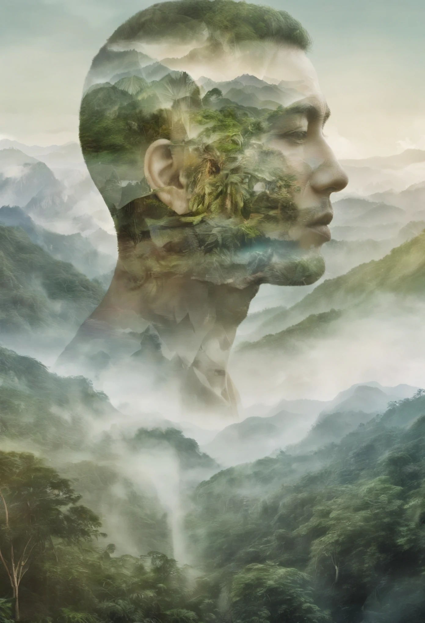 Dubrec style，closeup of face，Jungle mountains image foreground，（multiple exposure：1.8），Complex illustrations in surrealist art style，Surreal dreams