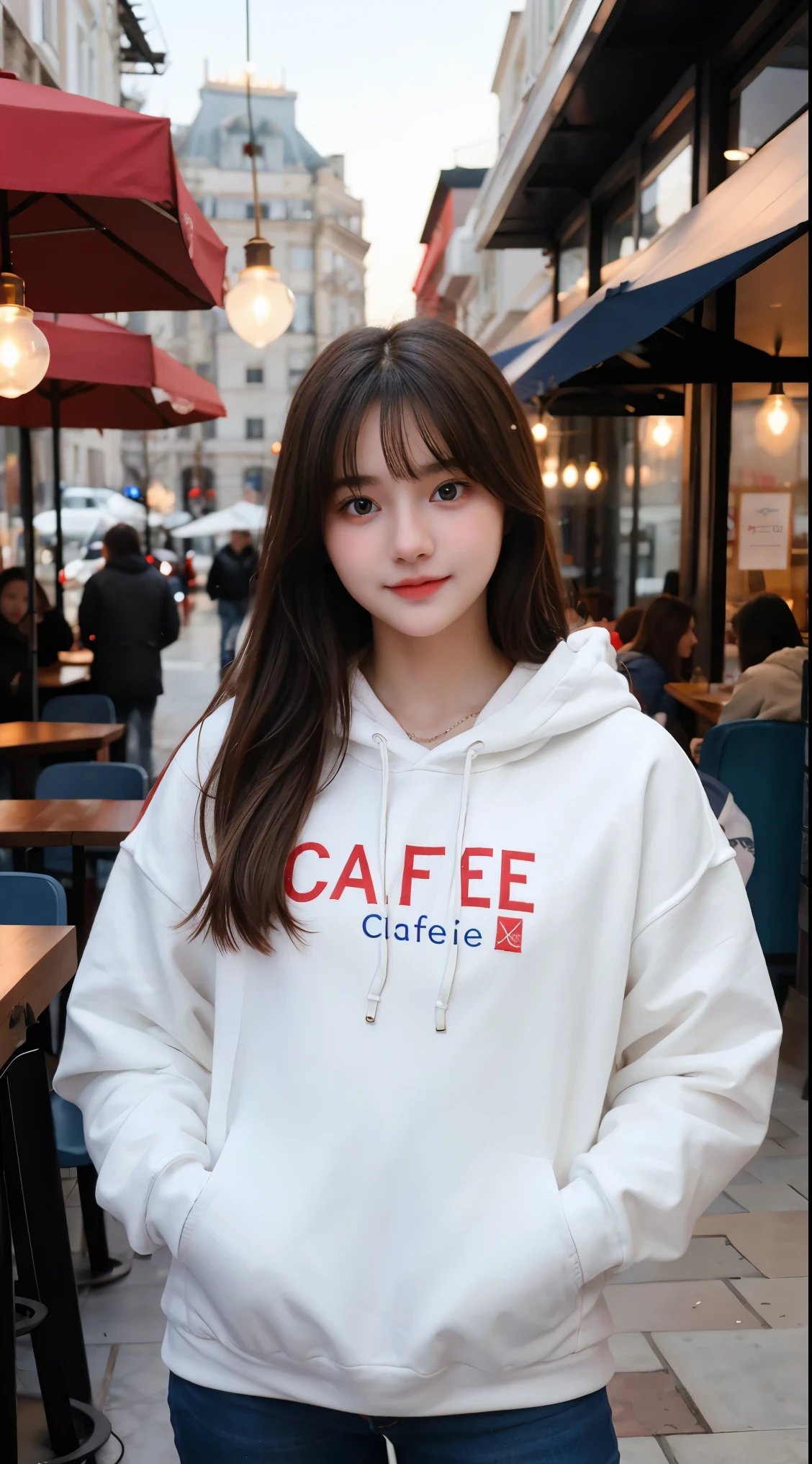 Gorgeus Girl, Beautiful, Baby Face, 20 Years Old, White Skin, Sexy Pose, wearing red hoodie, Blue Eye, Bokeh, cafe Background, Masterpiece, full body Shot