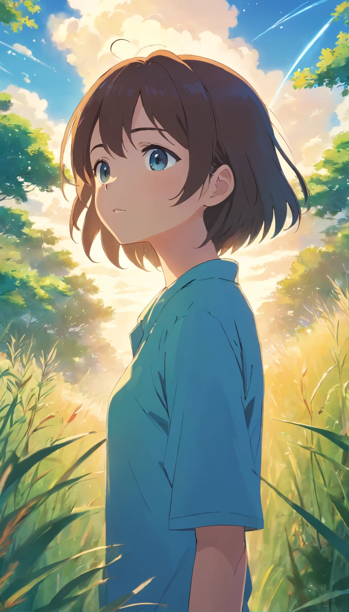 A vibrant, animated illustration of a person looking up at the sky with a serene expression. The background features a bright blue sky with scattered white clouds, and the foreground shows tall grasses and leaves gently swaying in the wind. The caption reads: "All my life through, the new sights of Nature made me rejoice like a ☁🍀" with engagement metrics and comments visible below.