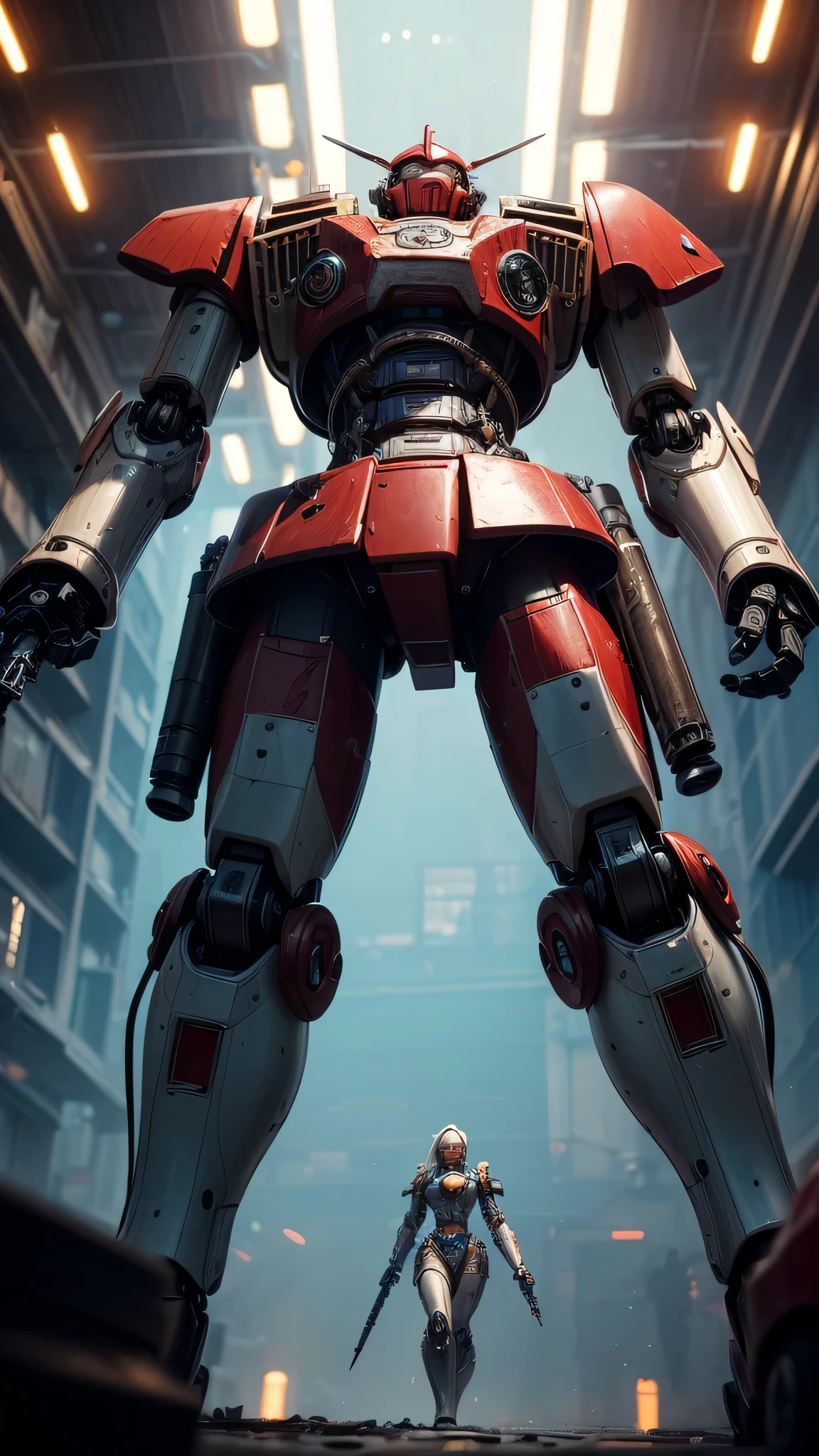 ((best quality: 1.5, masterpiece)), intricate details, soft focus, professional, real life, realistic representation of the face, dim volumetric lighting, dynamic pose, in the style of realistic and hyper detailed renderings BREAK (((2 characters, one cyberpunk steampunk girl, clockwork armor, seafoam perfectchainmail chrome armor:1.4, (background red white mecha, mechanical robot, weapons, Warhammer Dreadnaught, from below)))), film grain, bokeh, black background, dark empty room, photorealistic, hyper-realistic, 8K