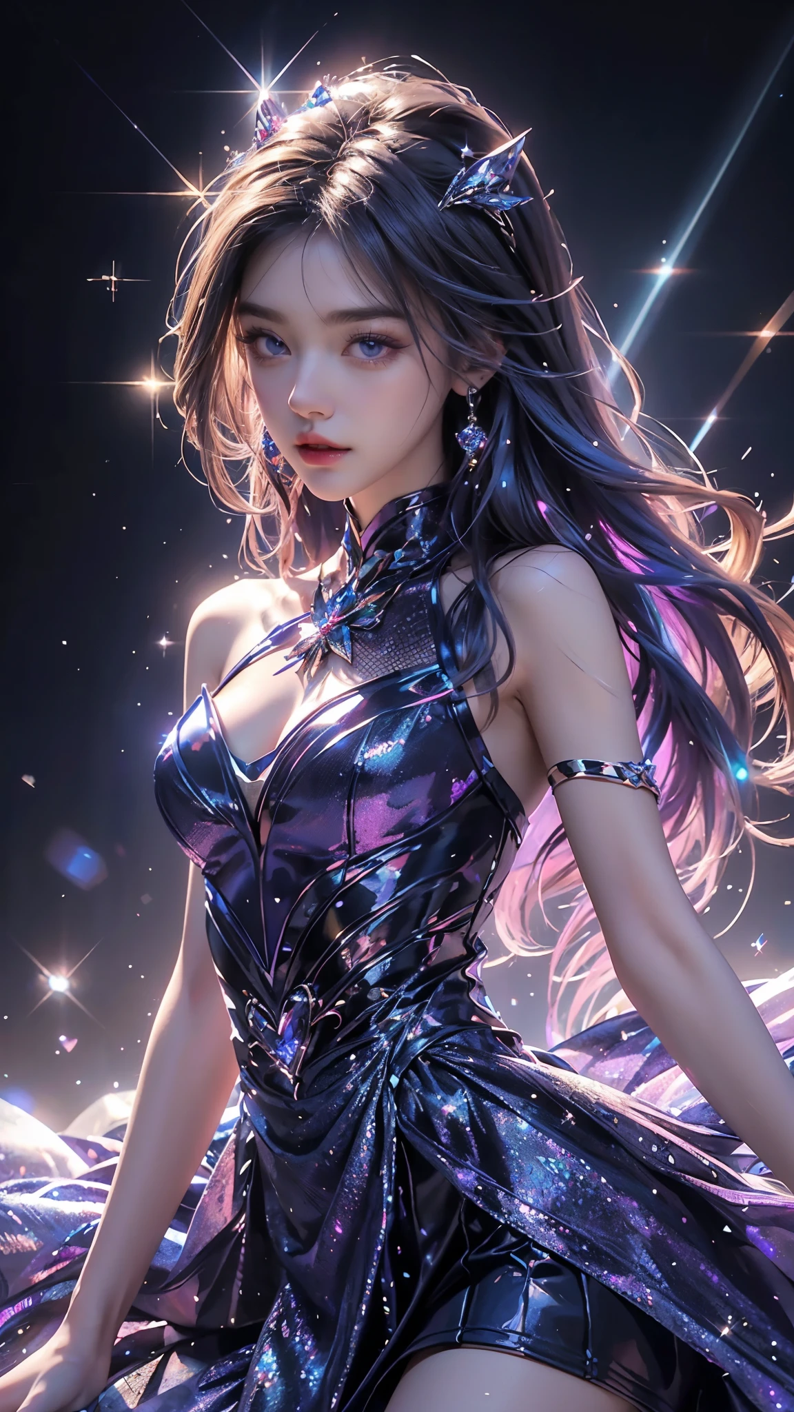 4K, UHD, masterpiece, Best quality, 1 girl, detailed face, detailed eyes, realistic Eyelid, Kda, Alone, very Long hair, small breasts, ((blue sparkle dress)), ankle-length skirt, looking at viewert, Multicolored glowing crystals, heart sparkle, glowing sparkle, bloom, ray tracing, god rays, HDR, DSLR,