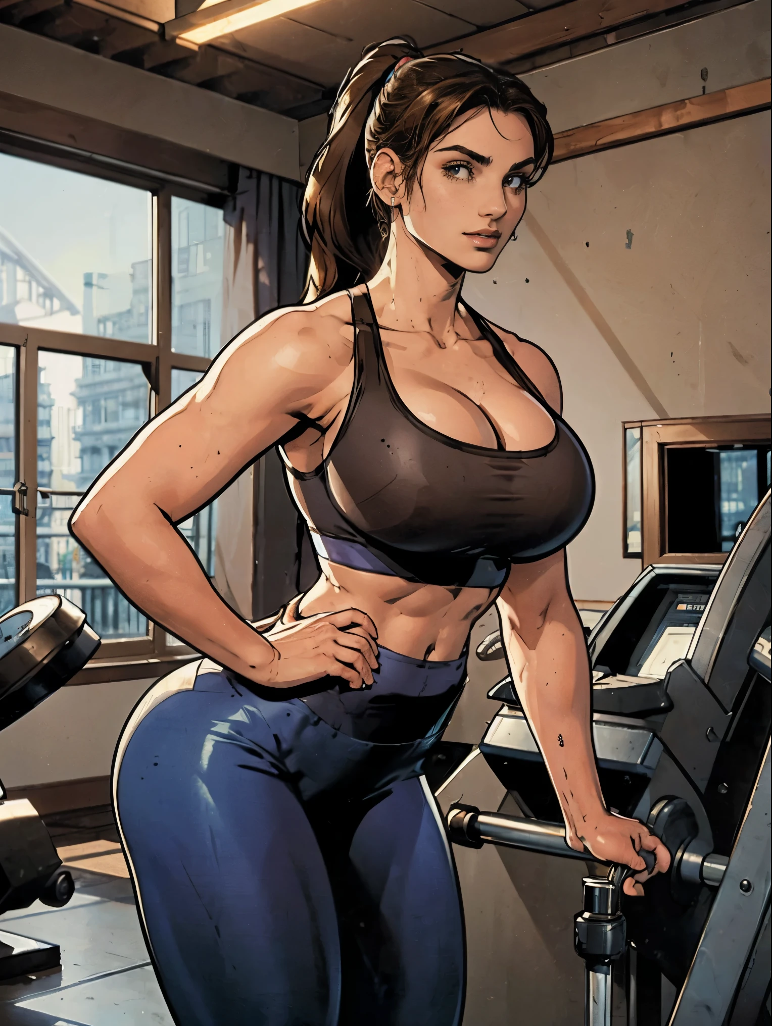 (masterpiece, top quality, best quality, official art, beautiful and aesthetic:1.2), (1girl:1.3), (gorgeous face), light freckles, fair skin, brown hair, extremely detailed, portrait, looking at viewer, solo, (view from behind, looking over her shoulder, back view, full body:0.6), detailed background, close up, (airy modern theme:1.1), extremely busty gym girl, ponytail, big lips, arched back, flexing her bicep, charlatan, smirk, mysterious, standing in the gym, sports bra, leggings, headphones, wet, workout gear, weight machines, windows, modern gym, well-lit, thin and toned physique, gigantic breasts, cleavage, skindentation, slim waist, slim hips, long legs, modern (gym interior:1.1) background, dark mysterious lighting, shadows, magical atmosphere, dutch angle,