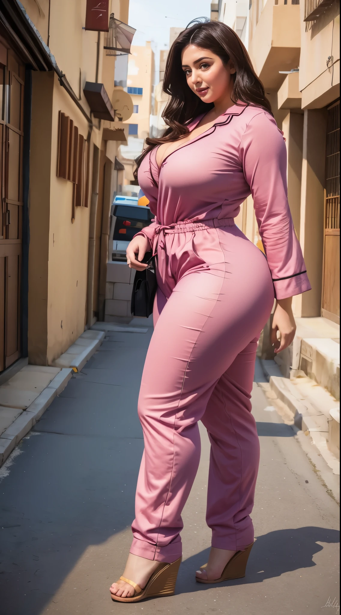 Arabic Woman in street, curvy body , wearing jumpsuit pajamas, beautiful woman, very detail ,pawg, long legs ,thick high, full body in camera, pawg, wearing strap wedges