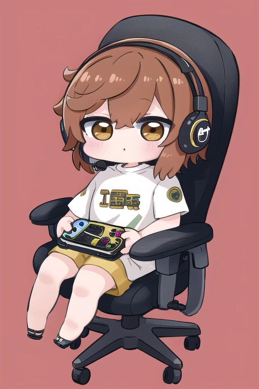 masterpiece, best quality, highly detailed, nozochibi, 1girl, (chibi:1.4), simple background, full body,Brown hair, brown eyes, white headphones, holding a joystick, sitting in a white gaming chair