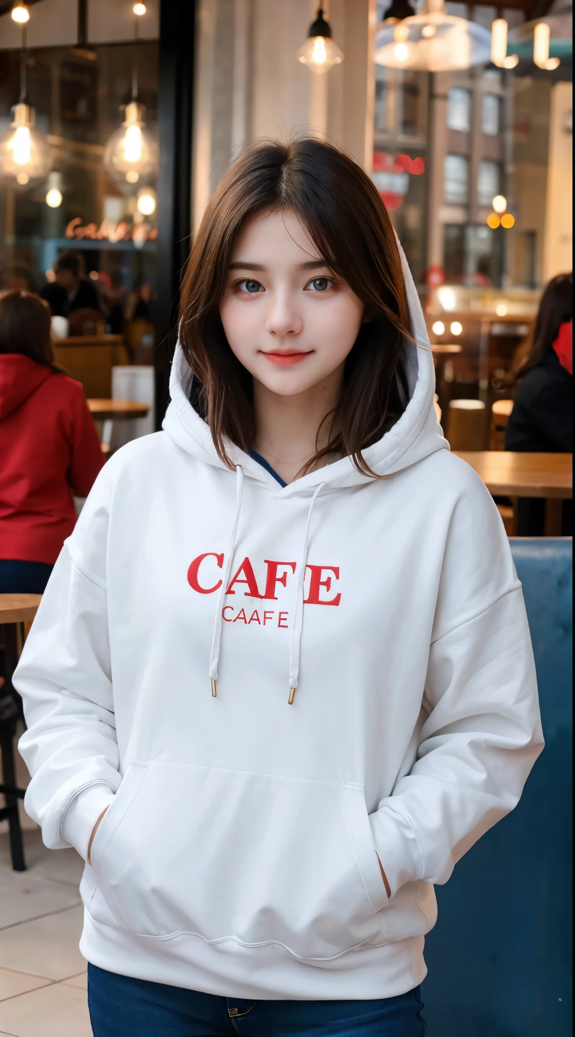 Gorgeus Girl, Beautiful, Baby Face, 20 Years Old, White Skin, Sexy Pose, wearing black hoodie, Blue Eye, Bokeh, cafe Background, Masterpiece, asking for a hug, full body Shot, open arms