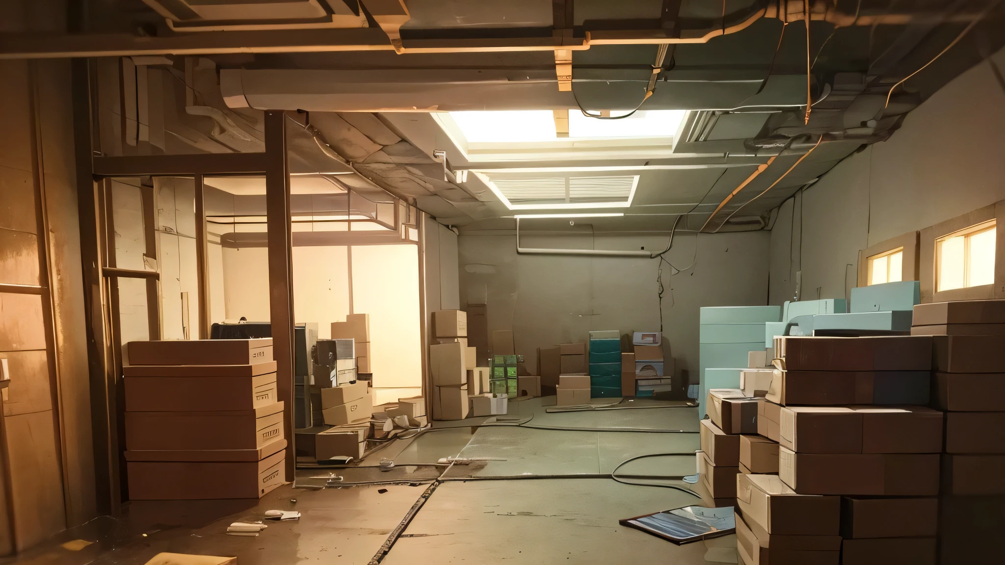 basement with a lot of boxes, best quality, anime looking, cozy lightning, messy enviroment,
