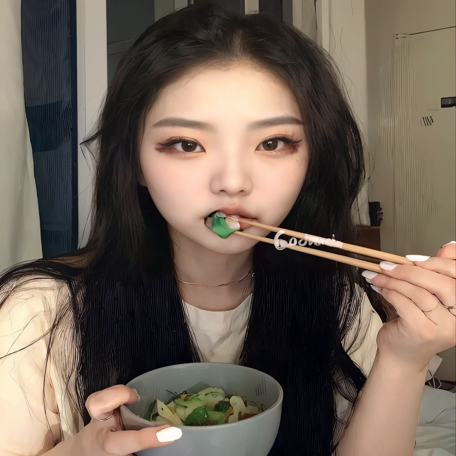 arafa asian woman eating a bowl of food with chopsticks, Ulzzang, coreana, mukbang, maquiagem sul-coreana popular, maquiagem coreana popular, beautiful south mulher coreana, eating noodles, gorgeous young mulher coreana, beautiful young mulher coreana, mulher coreana, Gongbi, adorable and pale korean face, cruel korean goth girl, young lovely korean face