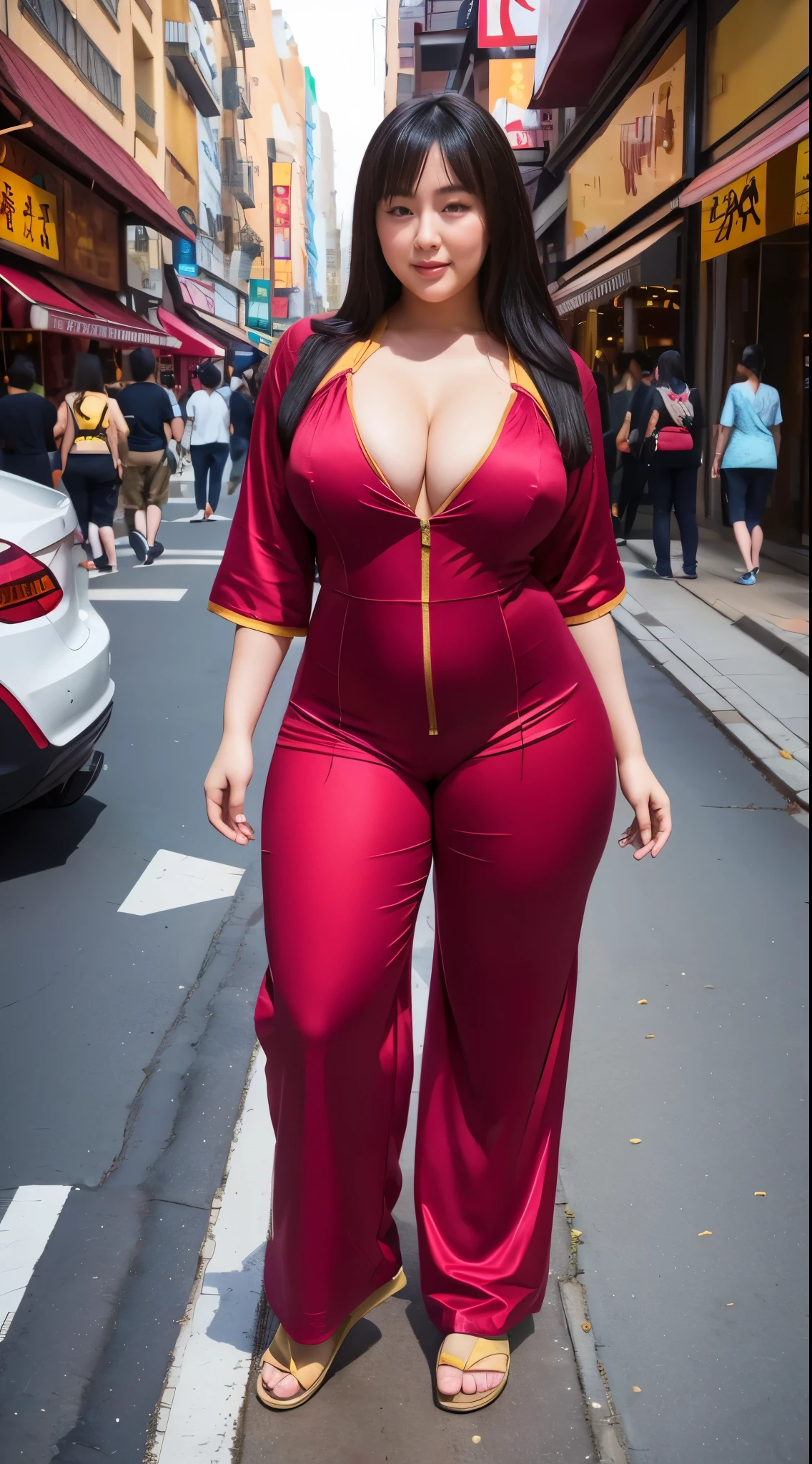 Chinese Woman in street, curvy body , wearing jumpsuit pajamas, beautiful woman, very detail ,pawg, long legs ,thick high, full body in camera, pawg, wearing strap wedges