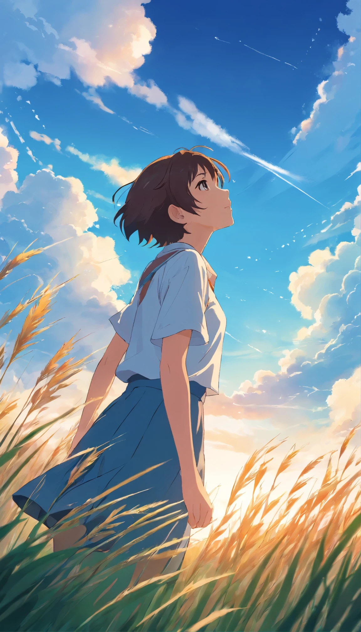 A vibrant, animated illustration of a person looking up at the sky with a serene expression. The background features a bright blue sky with scattered white clouds, and the foreground shows tall grasses and leaves gently swaying in the wind.