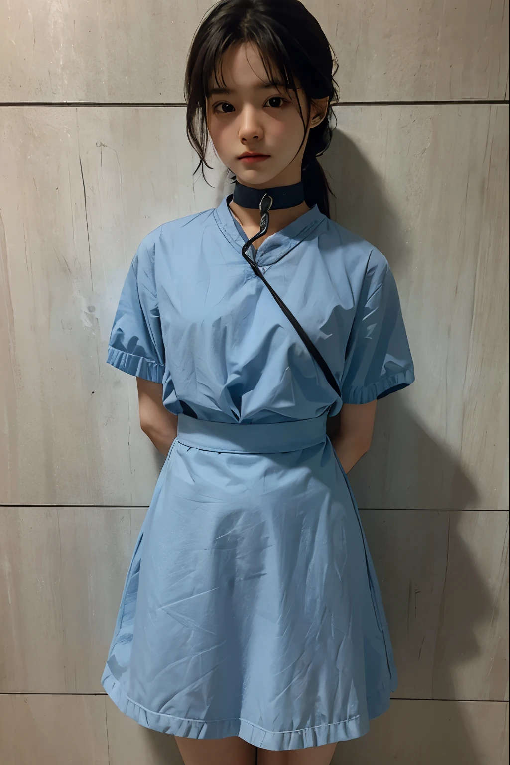 A cute girl is confined and tied up、Beauty、Make your eyes even、My hands are tied with ropes、Inside the room、Light blue semi-long skirt、Red short sleeve shirt、Standing in front of a wall、Age 25、Medium build、Like real life、highest quality、