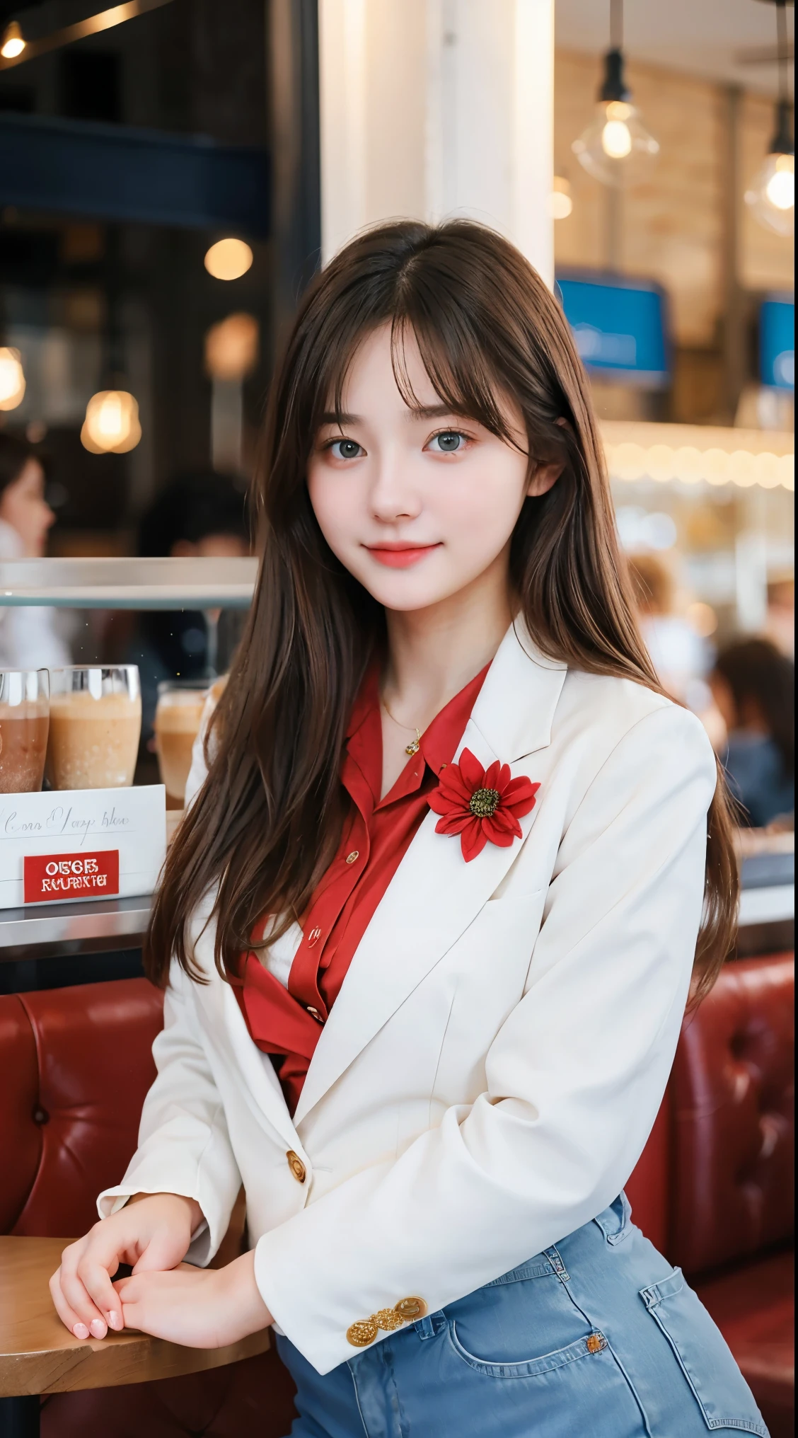 Gorgeus Girl, Beautiful, Baby Face, 20 Years Old, White Skin, Sexy Pose, wearing red blazer, Blue Eye, Bokeh, cafe Background, Masterpiece, asking for a hug, full body Shot, open arms