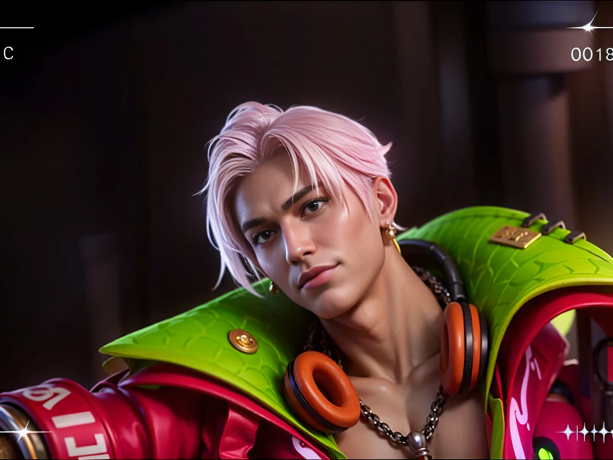 (Intricate Details, Masterpiece, Best Quality, High Resolution, 8k), (1man), (male:1.2), mature, dandy face, finely detailed eyes and face, toned body, masculine appeal, commanding presence, hot stud, bulging biceps and triceps, well-developed quadriceps and hamstrings, light skin, burgundy straight layered bangs hair, aquamarine eyes,  ornate details,  portrait, solo, half shot, looking down, detailed background, detailed face, (cogpunkai, cogpunk theme:1.1),  tech-mage,   [magic|technology], melding of spellcraft and advanced technology,  intricate [spellcasting clothes|mechanical gear], gear shaped glyphs,  ancient crystals,  [gears|ancient spell],  floating particles,  [innovative|enchanting] aura, high tech vehicle in background,   , finely detailed background, Depth of Field, VFX, young man and handsome, a man with a pink jacket and a drum in hand, pink hair, headphone