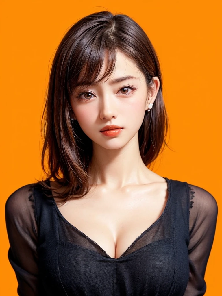 (masterpiece, highest quality, sfw:1.8),1 girl, alone, realistic, realistic, light colored black eyes, black twin braids hair with highly detailed shiny hair, Winter clothes, Whity, lips, bangs, outdoor, closed mouth, Upper body、Big eyes、eyelash、((very simple orange background:1.8))、(((Black French yaBraid, Big eyes、big and full chest、avoiding eye contact 、beautiful beauty、show me your ears、long neck、low hairline)))、ideal body proportions、{Huge|big|Huge|mega} chest, cleavage:2, Blushing, Shy smile, Embarrassed, Flushed cheeks, Timid expression, Coy look, Bashful, Sheepish grin