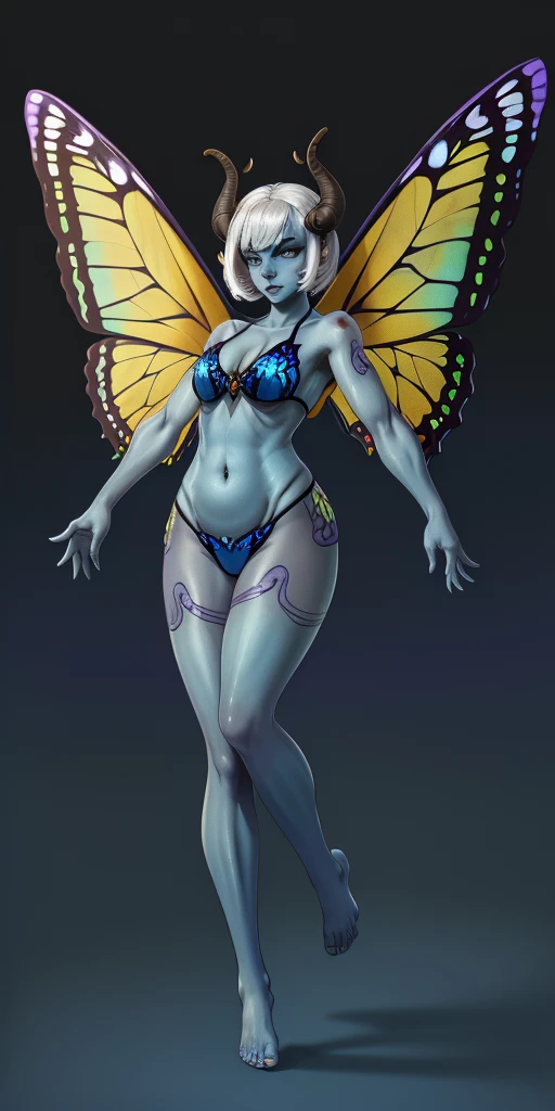 1sologirl (((oni very blue skin, 2sheep short curled horns, 2legs, 2arms, toned body, white bob hair, happy, full body portrait, butterfly wings winged))) (masterpiece, ultra detailed high quality, high resolution, best quality) barefoot bare arms, purple pinched eyes, yellow BIKINI stockings sleeves