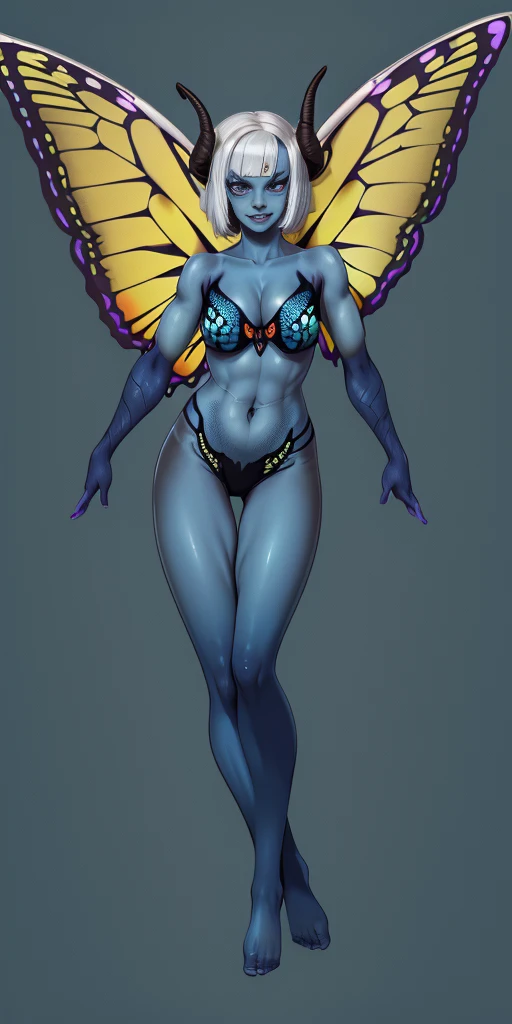 1sologirl (((oni very blue skin, 2sheep short curled horns, 2legs, 2arms, toned body, white bob hair, happy, full body portrait, butterfly wings winged))) (masterpiece, ultra detailed high quality, high resolution, best quality) barefoot bare arms, purple pinched eyes, yellow BIKINI stockings sleeves