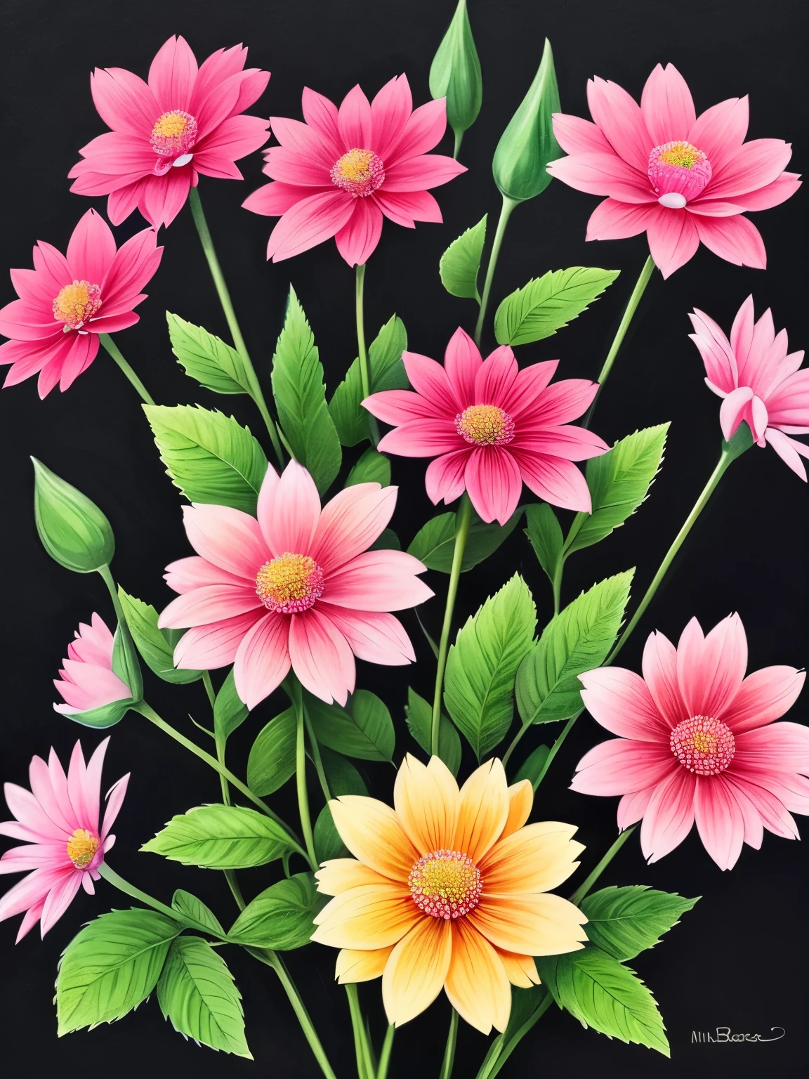 a close up of a bunch of flowers with a dark background, 🌺 cgsociety, beautiful!!! digital art, gorgeous digital art, beautiful detail and color, beautiful color art!, great pinterest photo, rich flower colors, very beautiful digital art, by Marie Bashkirtseff, beautiful digital art, magical colorful flowers, wow it is beautiful, by Android Jones