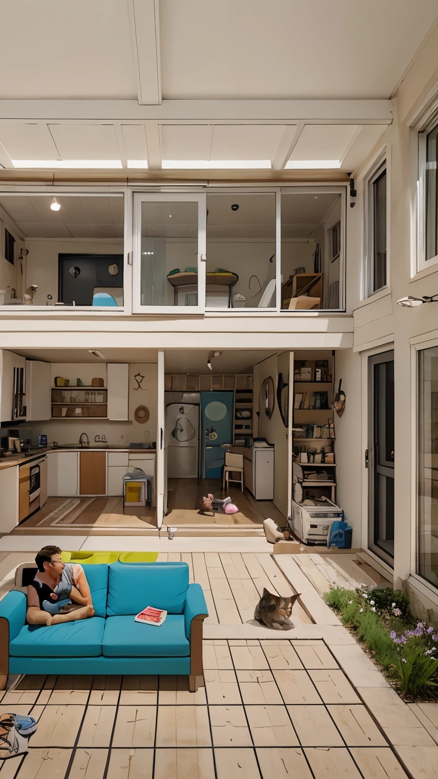 Cartoon illustration of a house, the dad in the living room, the mom in the kitchen, the son in the shower, the daugther in the garden, the cat in the garage, the dog in the hall