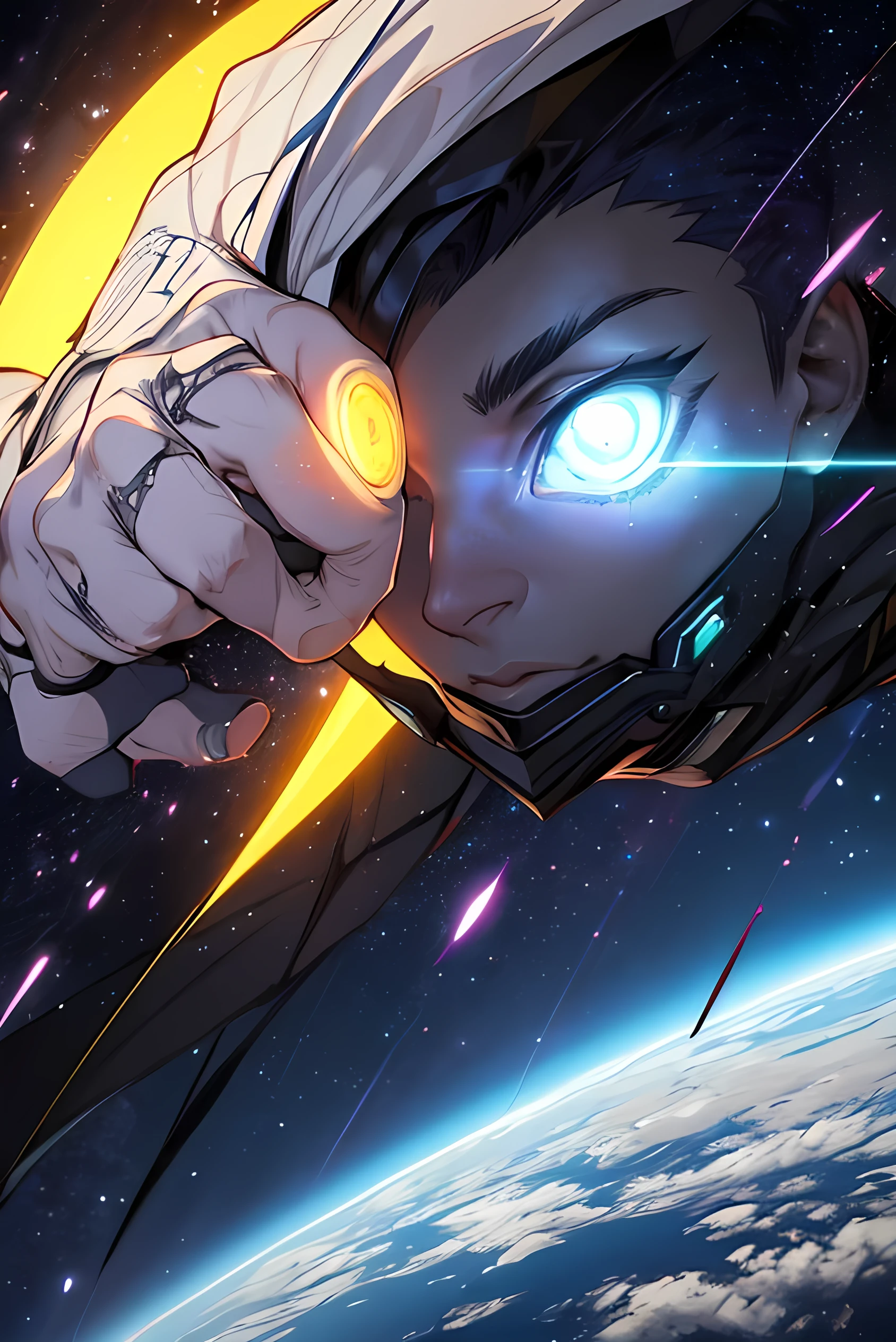 sonhe como, [Luz, pintar, jwst, spiral galaxy, cosmic horrors beyond comprehension:tinta, sombra,:0.25], Grande homem, Olhos, alunos, dublex, horizonte montanhoso, sol, [falha|data bending]