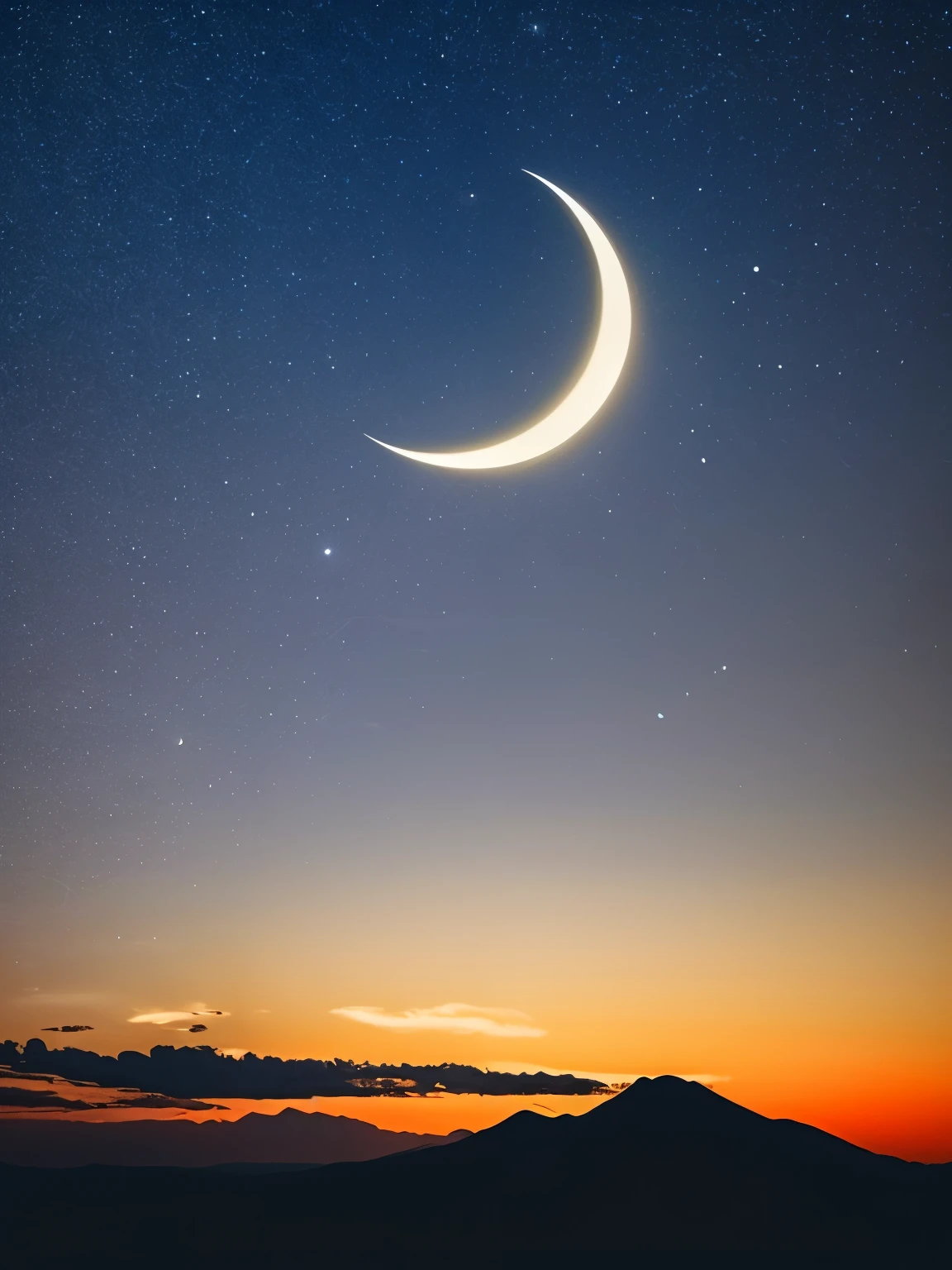 a crescent in the sky with clouds and a mountain in the background, moonlit night dreamy atmosphere, beautiful moonlight night, moonlit night sky, beautiful moonlight, moonlit backdrop, beautiful moon light, moonlit night, crescent moon in background, moonlit nightscape, night sky with moon, nighttime moonlit, moonlit sky, ✨🕌🌙