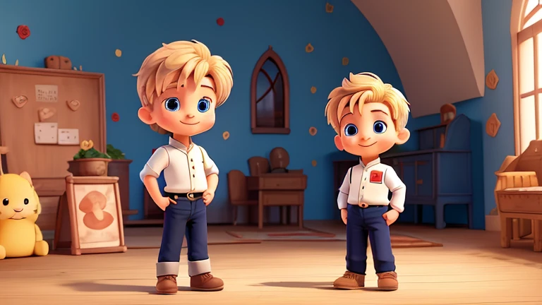 Cute illustration of the Little Prince character, a short boy with golden hair, light white skin, and blue eyes smiling with a friendly personality. He wears white pants, black boots, a white shirt with a red stripe on his stomach, and a blue overcoat with a red collar. He stands in front of a sign with the name "BENJAMIN" engraved in a stylized. The Little Prince holds a large red rose inside a glass dome, exuding youthful exuberance. 8k quality