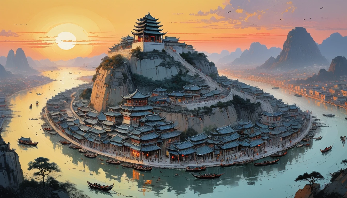 Ancient City at Sunset, by Wu Guanzhong, panoramic view, Ultra high saturation, (best quality, masterpiece, Representative work, official art, Professional, unity 8k wallpaper:1.3)