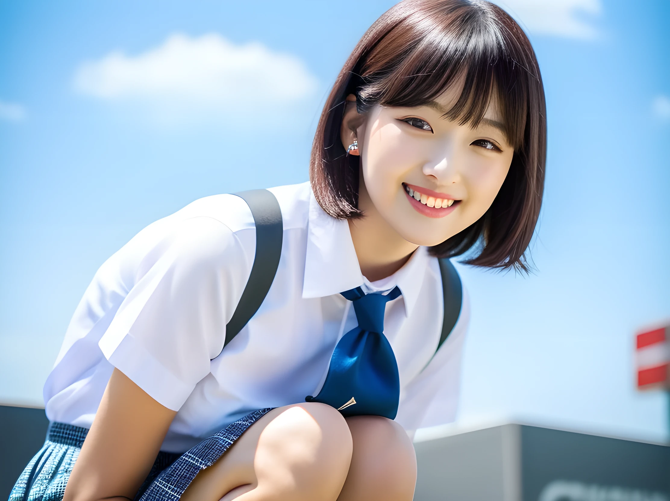 (8K, RAW photo, Best quality, Masterpiece: 1.2), (Realistic, photo-realistic: 1.37), Ultra-detailed, 1 girl, Cute, Solo, Beautiful detailed sky, Sitting, (flushed nose), (Smile: 1.1), (Mouth closed), Medium breasts, Beautiful detailed eyes, (Collared shirt: 1.1), Bow tie, Pleated skirt, (Short hair: 1.2), Long hair, lick white soft serve ice cream, in shibuya