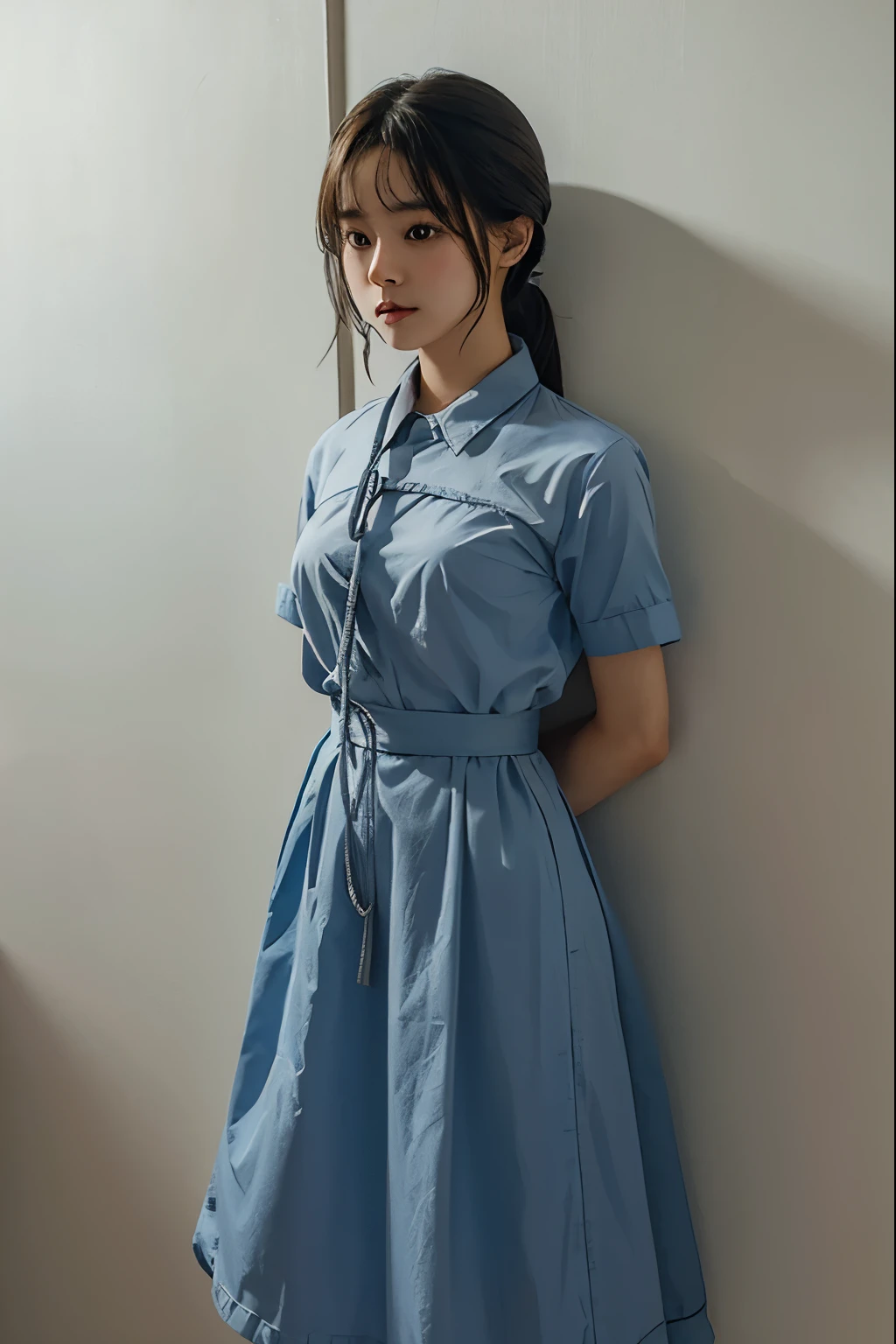 A cute girl is confined and tied up、Beauty、Make your eyes even、My hands are tied with ropes、Inside the room、Light blue semi-long skirt、Red short sleeve shirt、Standing in front of a wall、Age 25、Medium build、Like real life、highest quality、