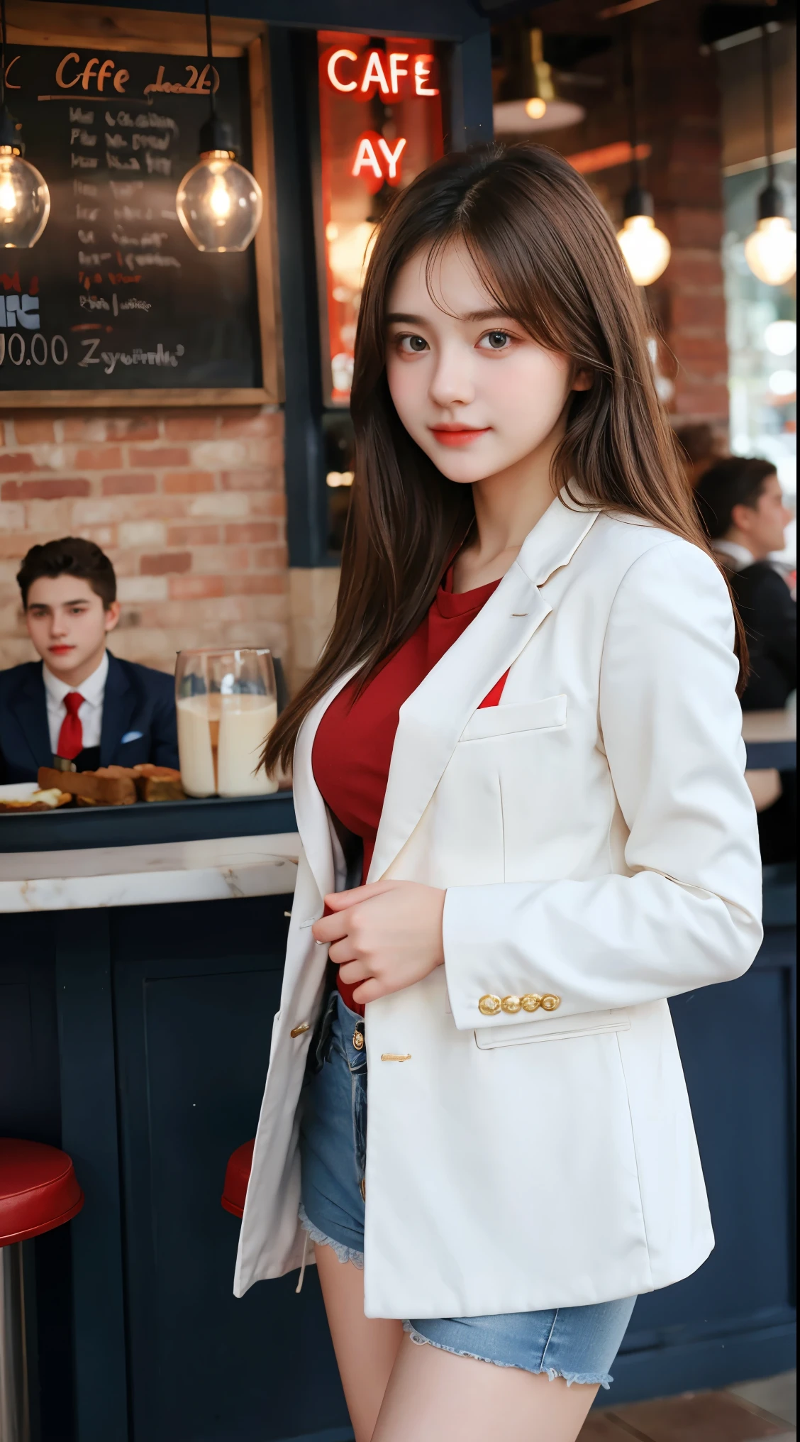 Gorgeus Girl, Beautiful, , 20 Years Old, White Skin, Sexy Pose, wearing red blazer, Blue Eye, Bokeh, cafe Background, Masterpiece, full body Shot