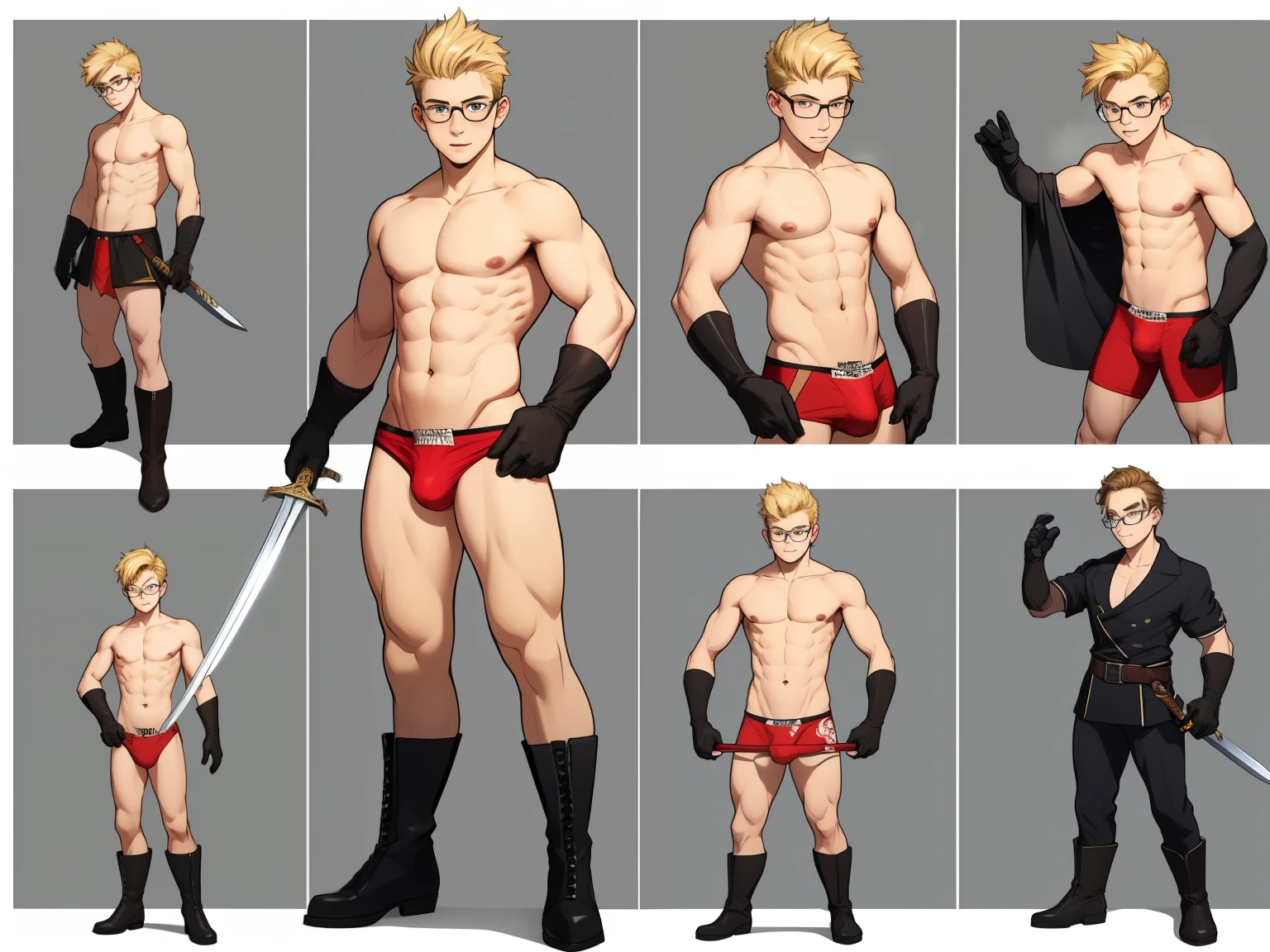 Young fit man, naked, only in very small red underwear, black boots, white gloves, with a sword, blond hair with red tips, black nerd-style glasses, in various positions, printed details