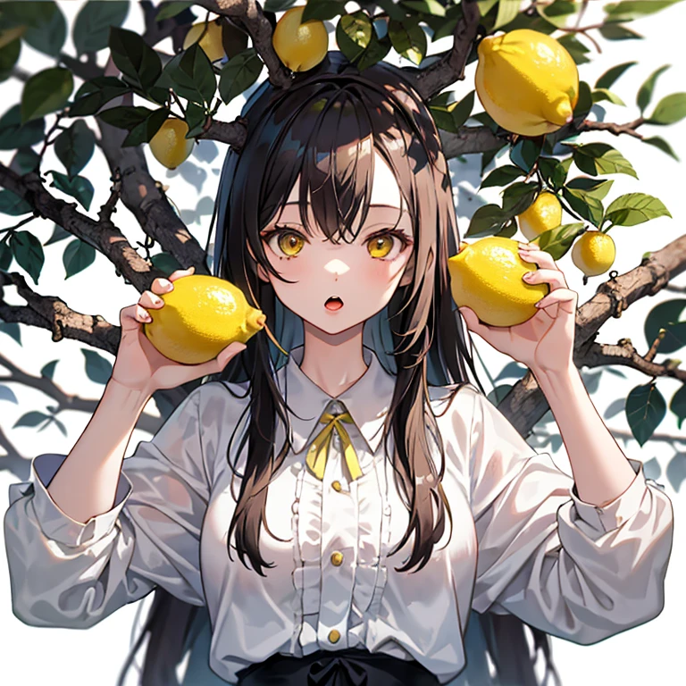 lemon tree,1girl,tree branch on head,wooden hands,branch,fractral,eat