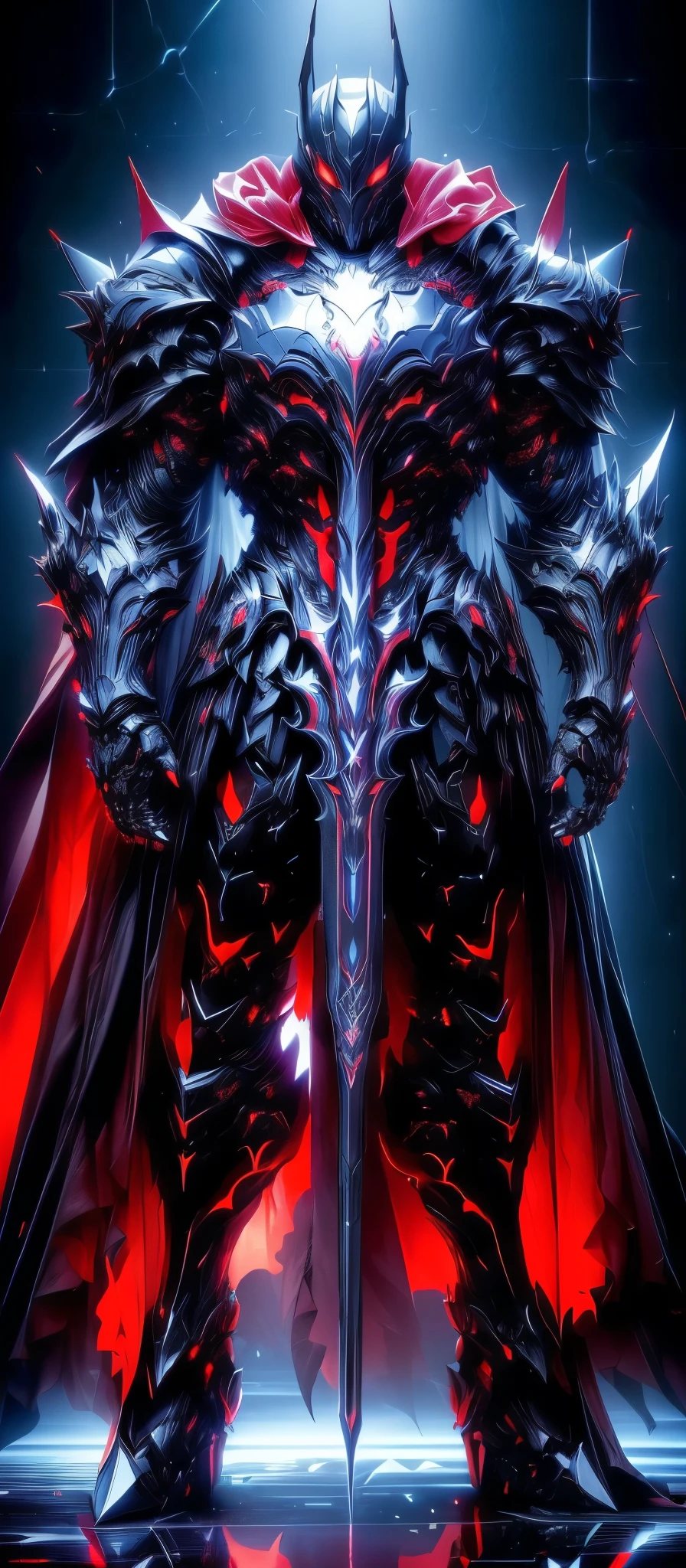 arafed knight in armor standing in a dark room with a sword, black fire color reflected armor, cyberpunk flame suit, berserk skullknight black armor, heavy metal armor, cybernetic flame armor, black heavy armor, corrupted armor, cybernetic fire armor, full body x-force outfit, heavy black obsidian armor, spiked scrap metal armor