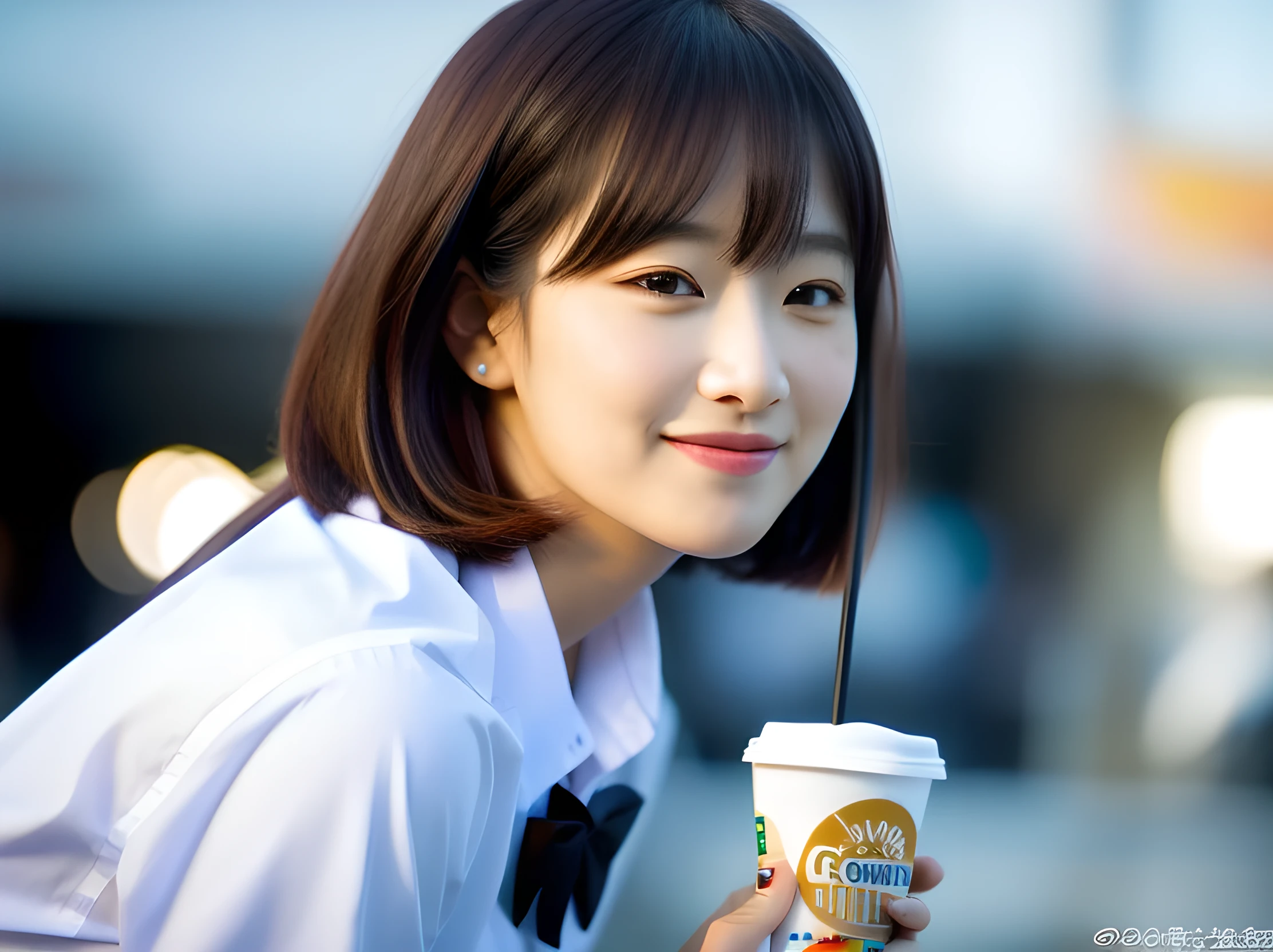 (8K, RAW photo, Best quality, Masterpiece: 1.2), (Realistic, photo-realistic: 1.37), Ultra-detailed, 1 girl, Cute, Solo, Beautiful detailed sky, detailed coffee, Sitting, (flushed nose), (Smile: 1.1), (Mouth closed), Medium breasts, Beautiful detailed eyes, (Collared shirt: 1.1), Bow tie, Pleated skirt, (Short hair: 1.2), Long hair,  lick soft serve ice cream, in shibuya