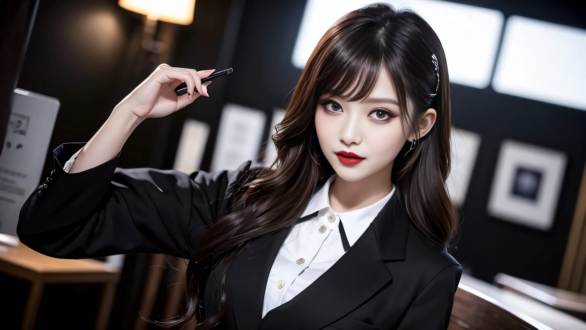 best quality、ultra-detailed、4k、Japanese、Seductive beauty、seductive adult woman、Pretty Woman、cool girl、Villainess、Brainwashed、brainwash、Fallen into evil、smirk、Evil look、Wicked Smile、evil、Brown hair、wavy hair、swept bangs、dark makeup、dark makeup、piercing eyes、hollow eyes,half-closed eyes、Hollow Eyes、purple Eyeshadow、black lipstick、black lipglos、office staff suit、suit、Jacket、Black sleeves、White Shirt、Black Ribbon、Tight Skirt、pantyhose、night、inside darkroom、Are standing、shoot from below、Have lipstick、Emblem of Evil、Crest of Darkness、Swear allegiance、I have pledged my allegiance、Dye black、Blackening、Stained with evil、Dyed in darkness、Seduce