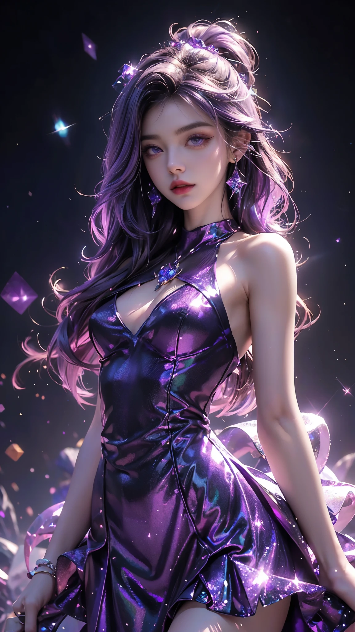 4K, UHD, masterpiece, Best quality, 1 girl, detailed face, detailed eyes, realistic Eyelid, Kda, Alone, very Long hair, small breasts, ((purple sparkle dress)), ankle-length skirt, looking at viewert, Multicolored glowing crystals, heart sparkle, glowing sparkle, bloom, ray tracing, god rays, HDR, DSLR,