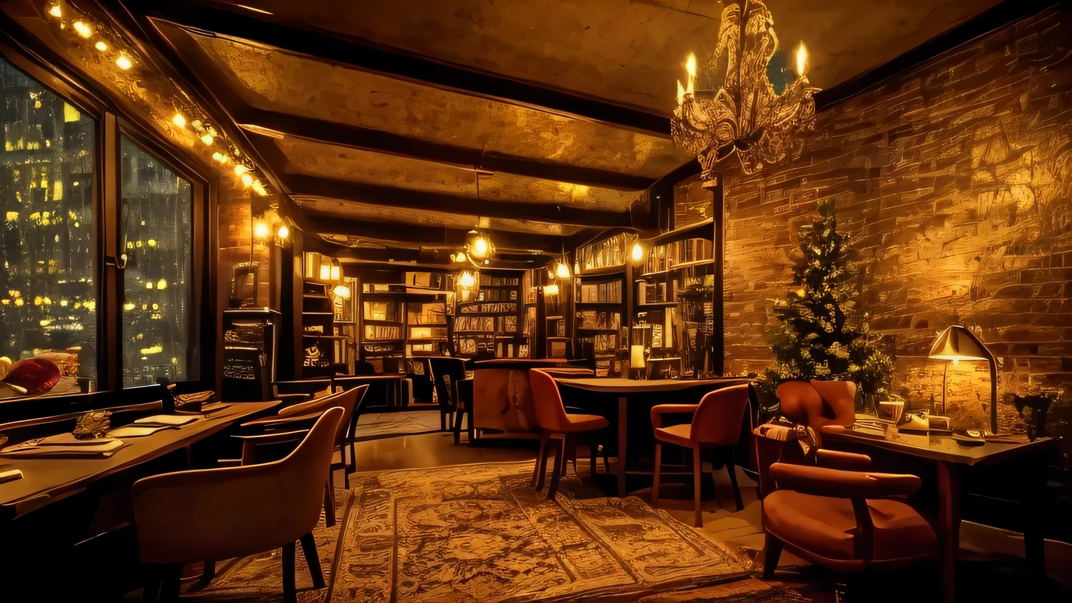 There is a room with a fireplace and a table with candles., pleasant Cozy atmosphere, Cozy atmosphere, Cozy atmosphere, Cozy environment, Cozy atmosphere, Cozy place, Cozy atmosphere, Cozy and serene atmosphere, Cozy cafe background, Pleasant atmosphere, Cozy atmosphere, Cozy candlelight, Cozy, dark 1920s speakeasy bar, Pleasant lighting, Cozy rooms