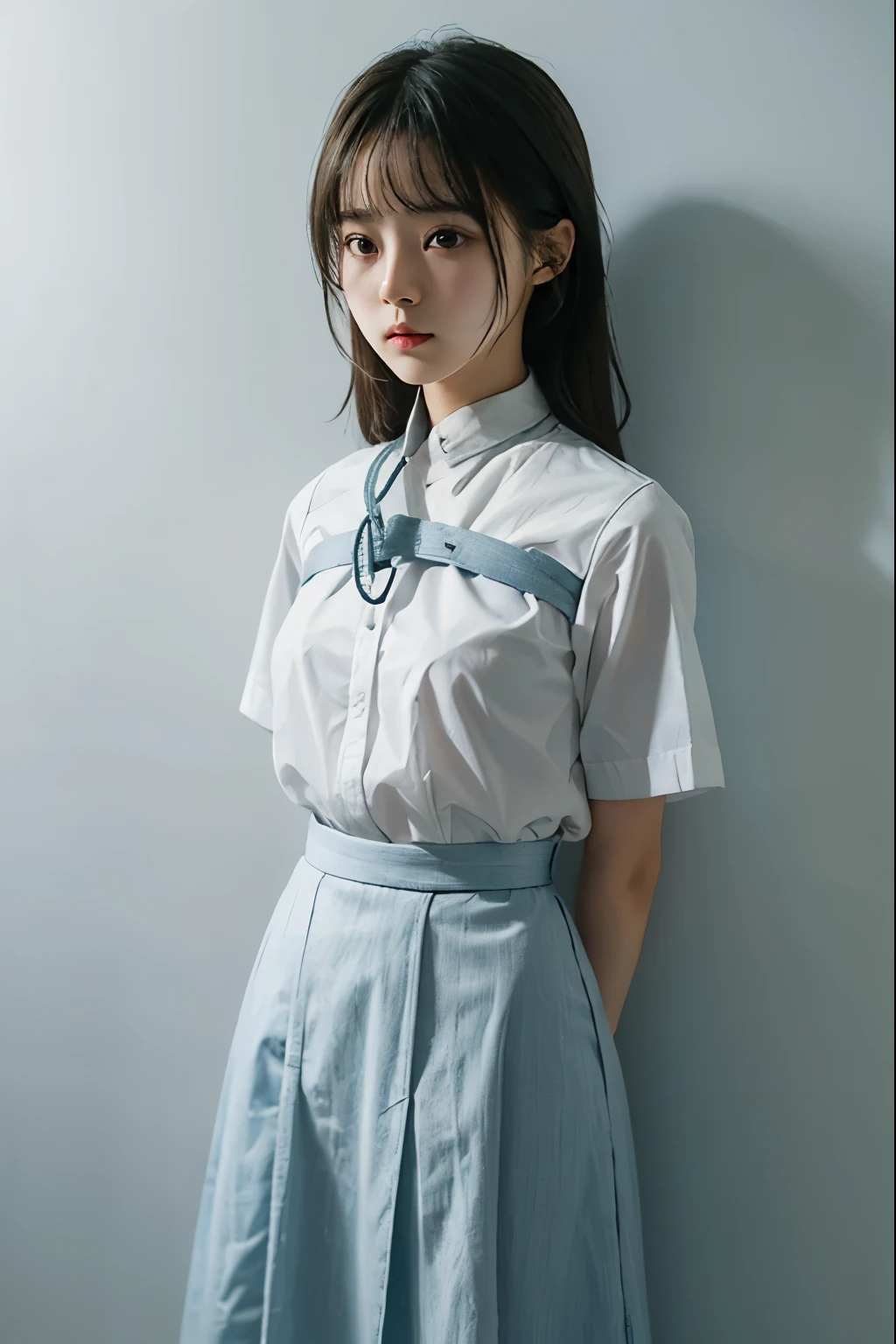 A cute girl is confined and tied up、Beauty、Make your eyes even、My hands are tied with ropes、Inside the room、Light blue semi-long skirt、White short-sleeved shirt、Standing in front of a wall、Age 25、Medium build、Like real life、highest quality、