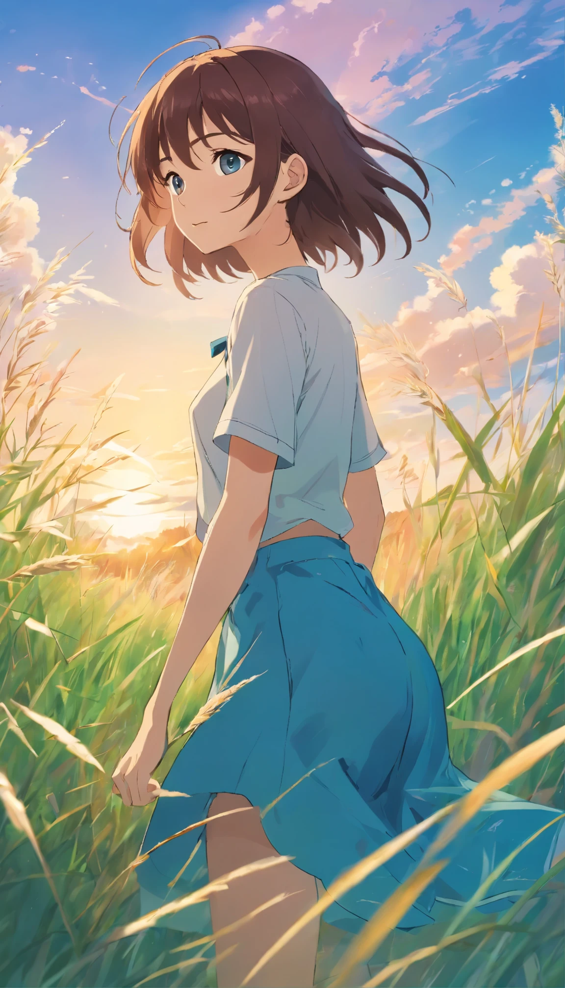 Create a vibrant, animated illustration featuring a bright blue sky with scattered white clouds. In the foreground, depict tall grasses and leaves gently swaying in the wind. The scene should exude a sense of tranquility and peace, with the natural elements harmoniously interacting with one another. Emphasize the gentle movement and serene atmosphere.