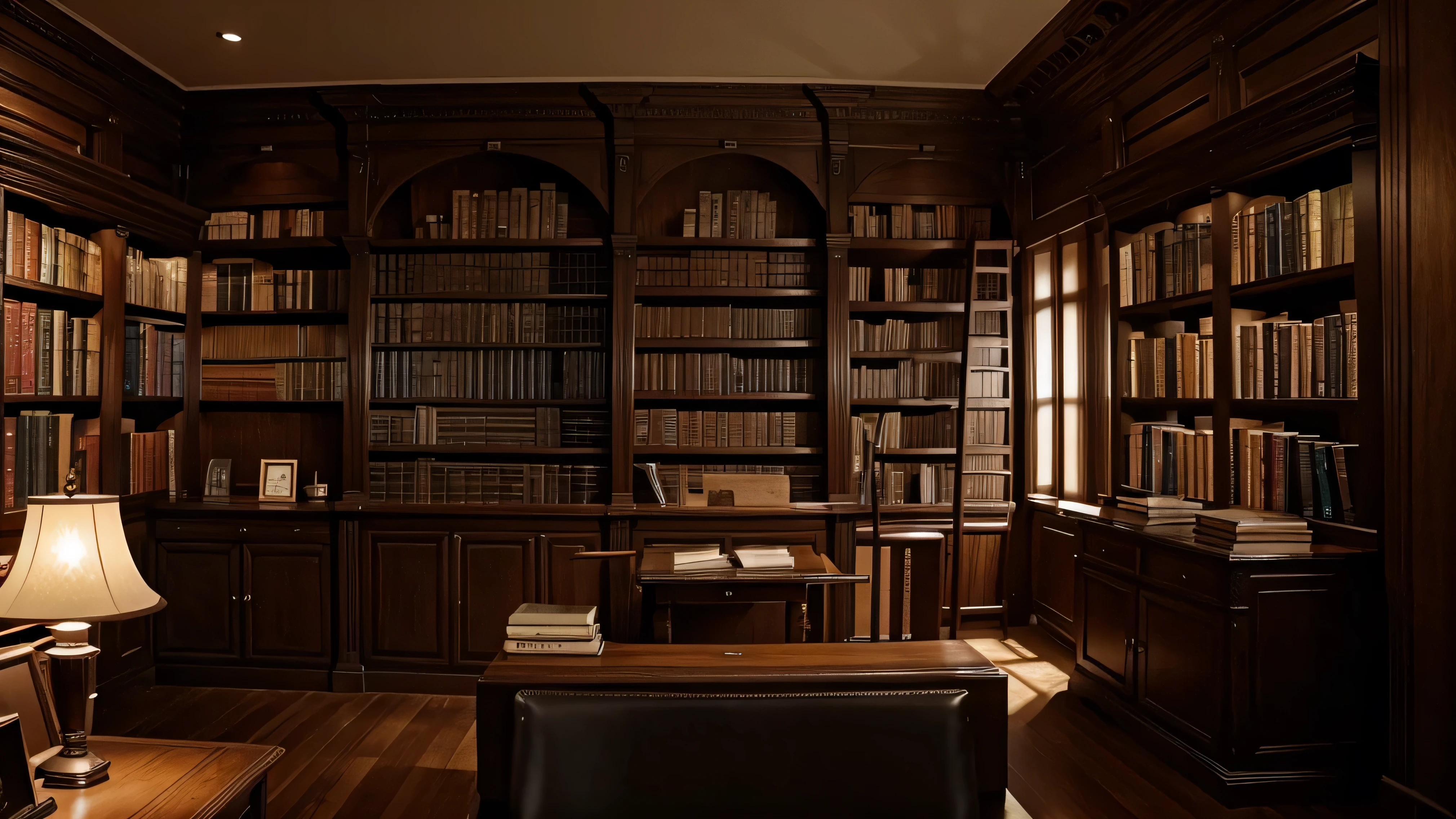 4k, the library,shelves, a lot of books, dark lighting, long bookcases