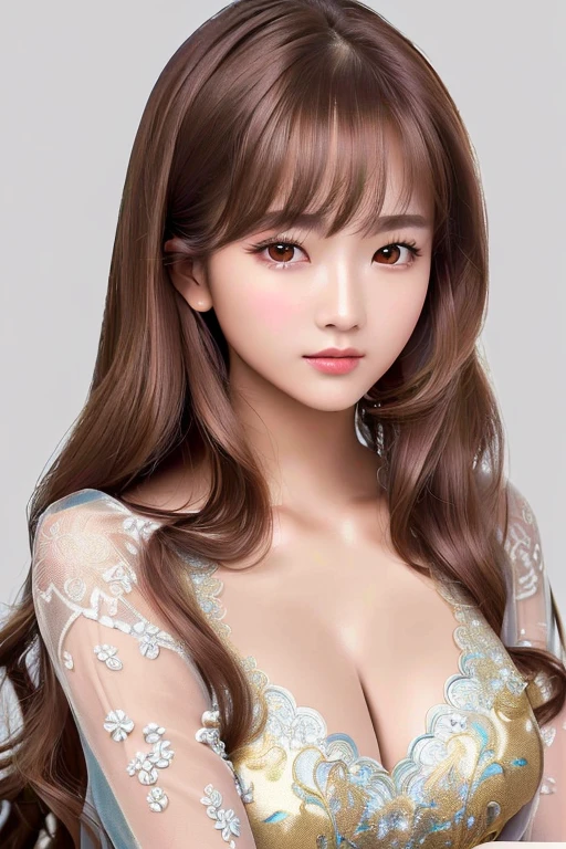 ((highest quality)), ((masterpiece)), (detailed), whole body、wallpaper、Perfect Face、Perfect body、Light brown hair、Beautiful Skin、Korean Beauty、(masterpiece:1.3), (8k, Photorealistic, Raw photo, Best image quality: 1.4), (Rough long hairstyle:1.2)、Cleavage:1.2、Wearing a Chinese dress