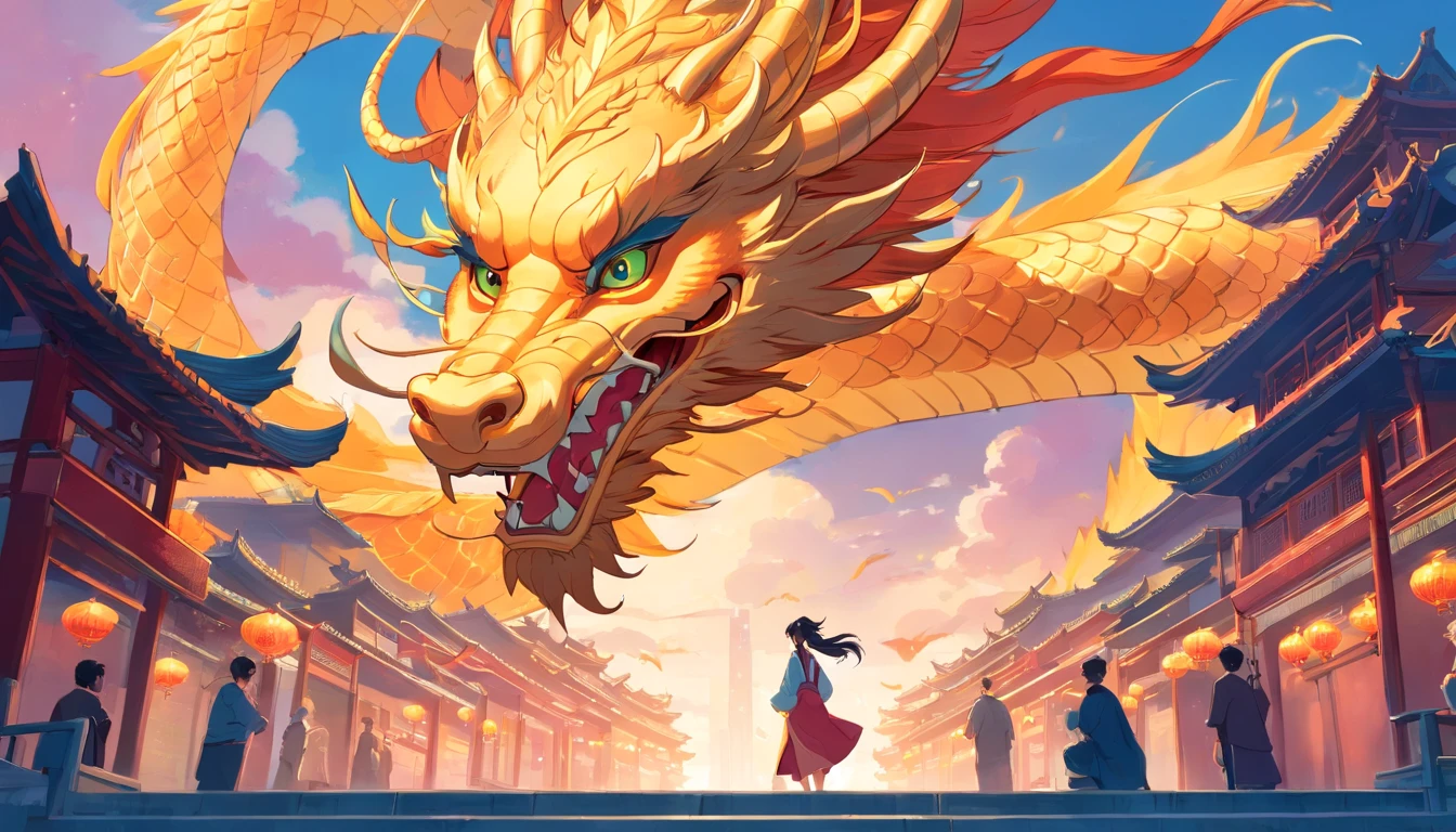 Chinese dragon on Chang'an City, Illustration in Art Nouveau style, Detailed sky, chinapunk, Illustrative narrative, solarizing master, quito school, Visual poetry