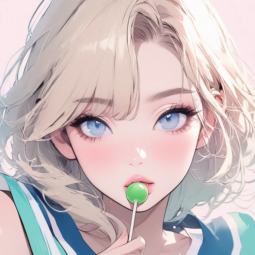 Girl, light blonde hair, blue eyes, beautiful, cheerleader uniform, pastel colors, face close-up, flat, sucking a green lollipop, lipgloss, brat, holding lollipop, lips, sexy