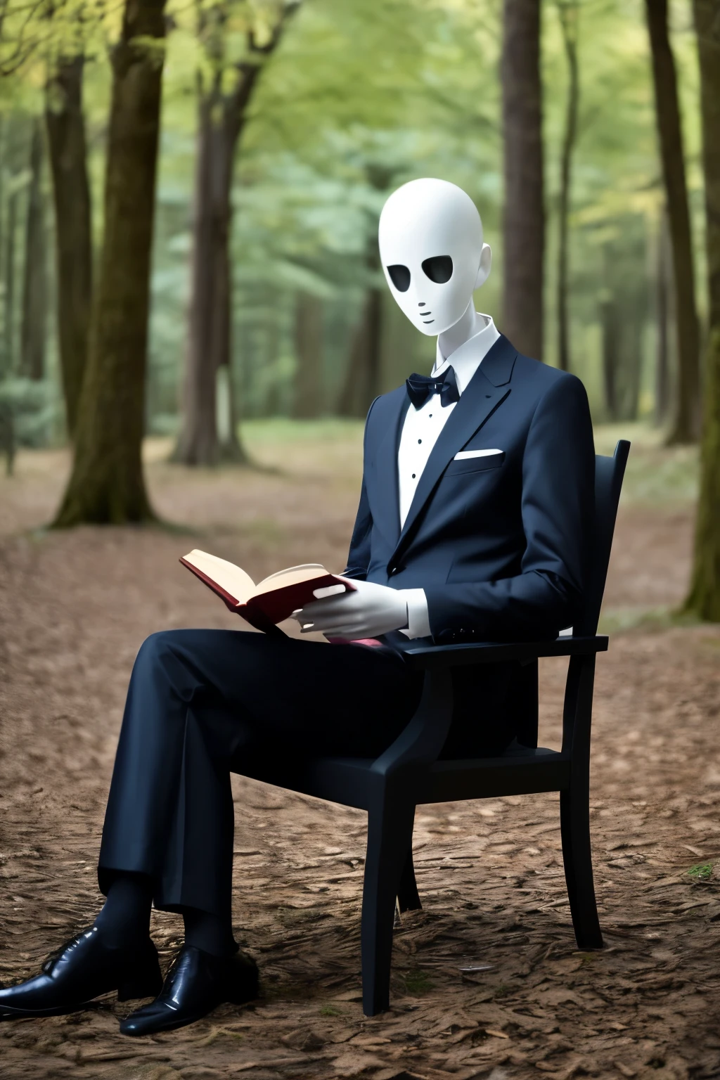 slenderman, a tall man, wearing a suit, with his pale and empty face, without eyes, nose or mouth, sitting on a chair in the middle of the forest, reading a book.