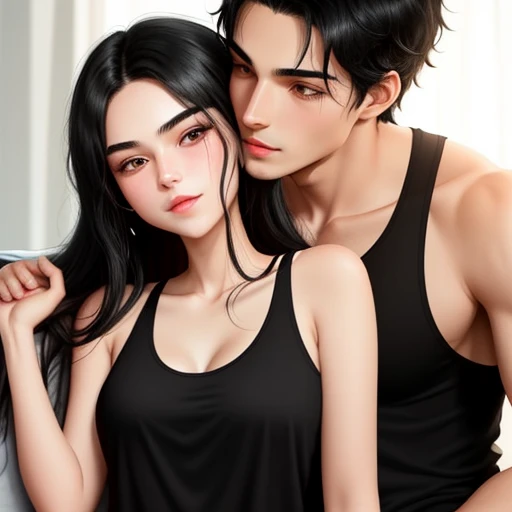 lovemaking. Couple black hair. Cute boy with black hair. The cute girl with black hair use a sexy black tanktop with sexy face. They almost kissing. Intimate vibes. Making love.