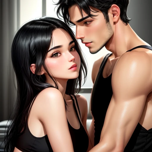 lovemaking. Couple black hair. Cute boy with black hair. The cute girl with black hair use a sexy black tanktop with sexy face. They almost kissing. Intimate vibes. Making love.