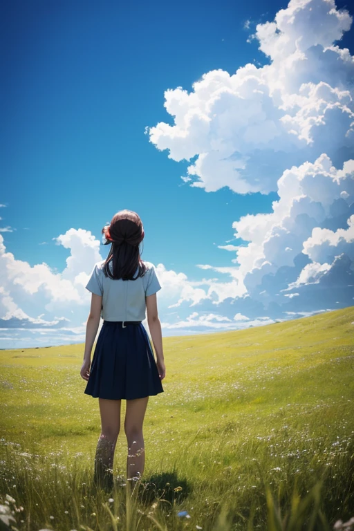 In the grassland、A girl facing away, gazing up at the dazzling blue sky　anime