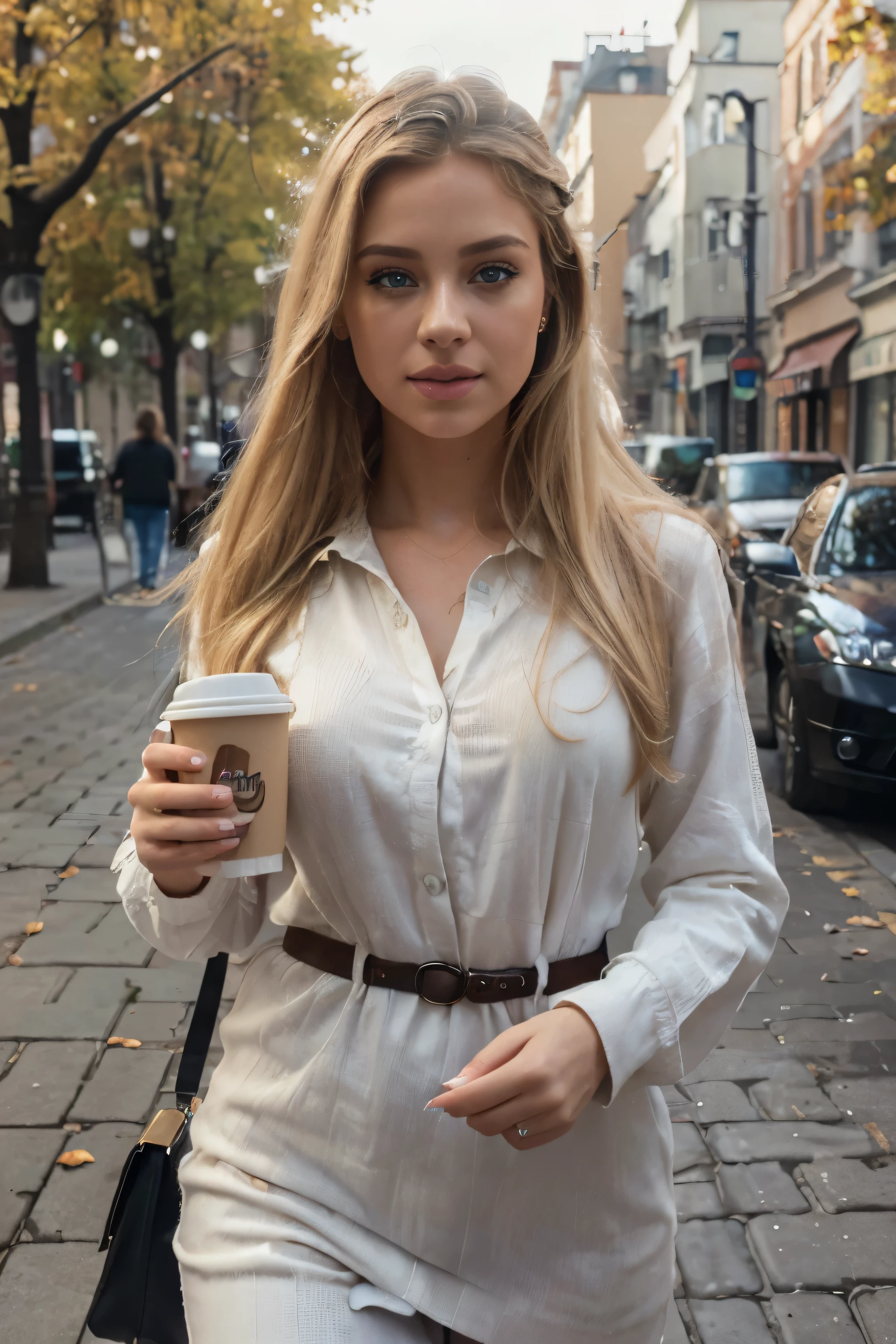 (best quality,4k,highres,masterpiece:1.2),ultra-detailed,(realistic,photorealistic,photo-realistic:1.37),beautiful detailed eyes,beautiful detailed lips,extremely detailed eyes and face,longeyelashes,blonde hair , [sidewalk],[Ukraine],walking girl,Holdoing a coffe ,urban landscape,street fashion,autumn scenery,vibrant colors,soft natural lighting