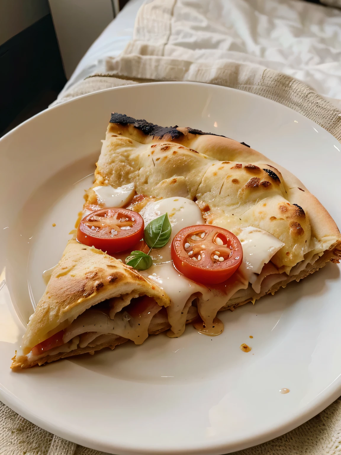 Top view of A close up view of One piece of pizza served in a plate in the bed